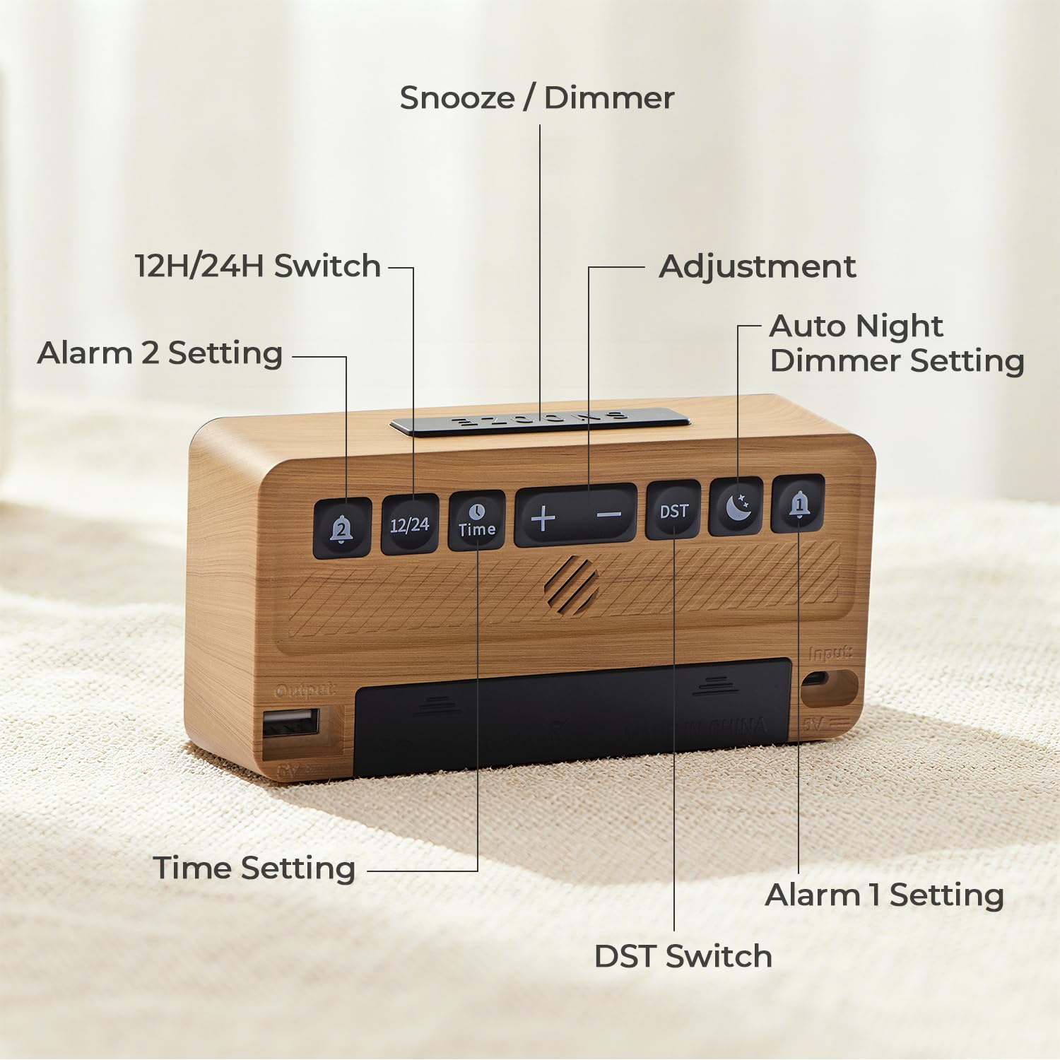 GOLOZA Alarm Clocks for Bedrooms, Wood Grain, Digital Clock with Large Display, Desk Clock for Bedside, Power-Off Memory & Alarm, 5 Level Brightness +Off, Dual Alarm, 12/24H, 9min Snooze, Reveil Matin