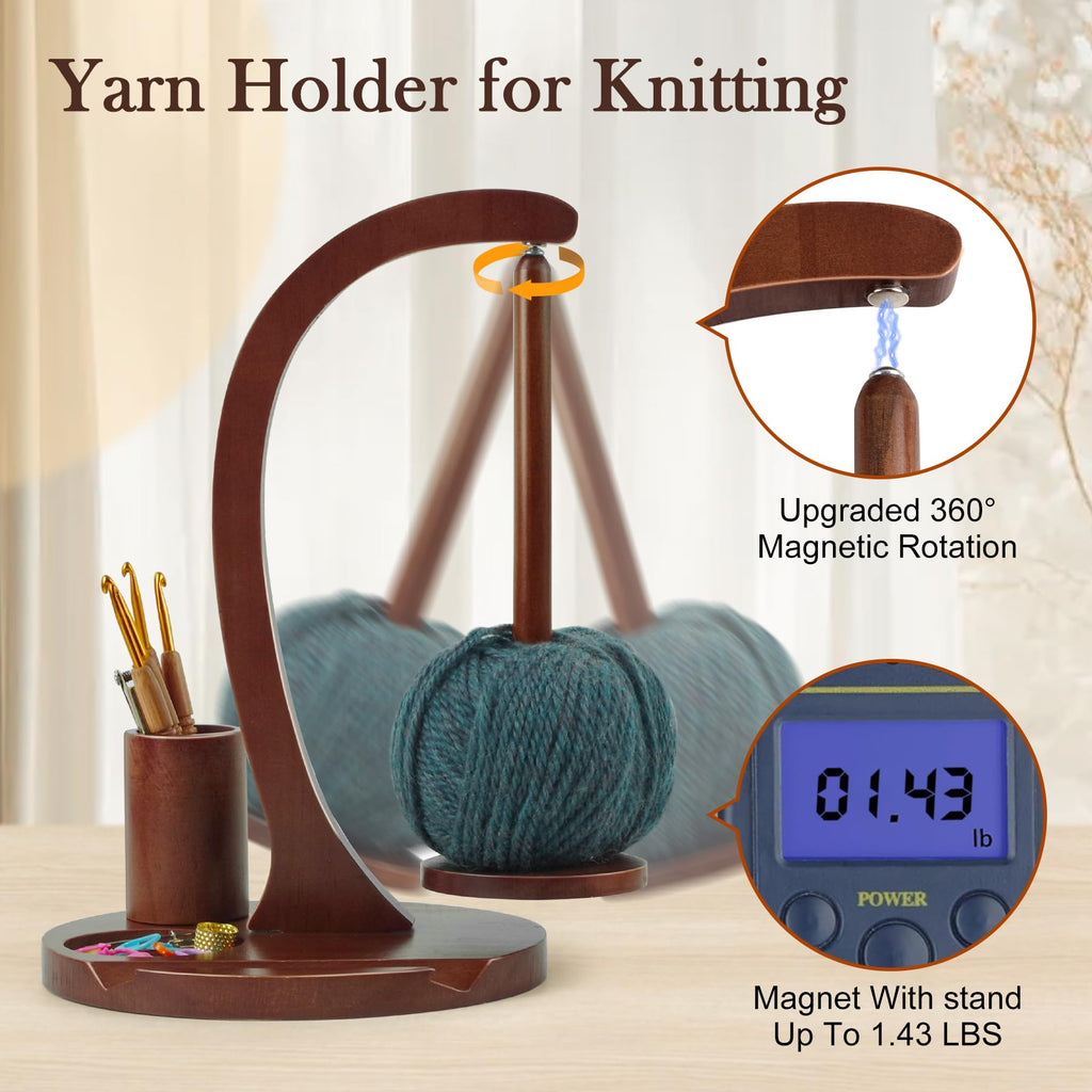 Crochet Yarn Holder, Yarn Spinner for Crocheting with Phone Stand & Crochet Accessories Storage, Crochet Gift for Knitting Lovers (Brown)