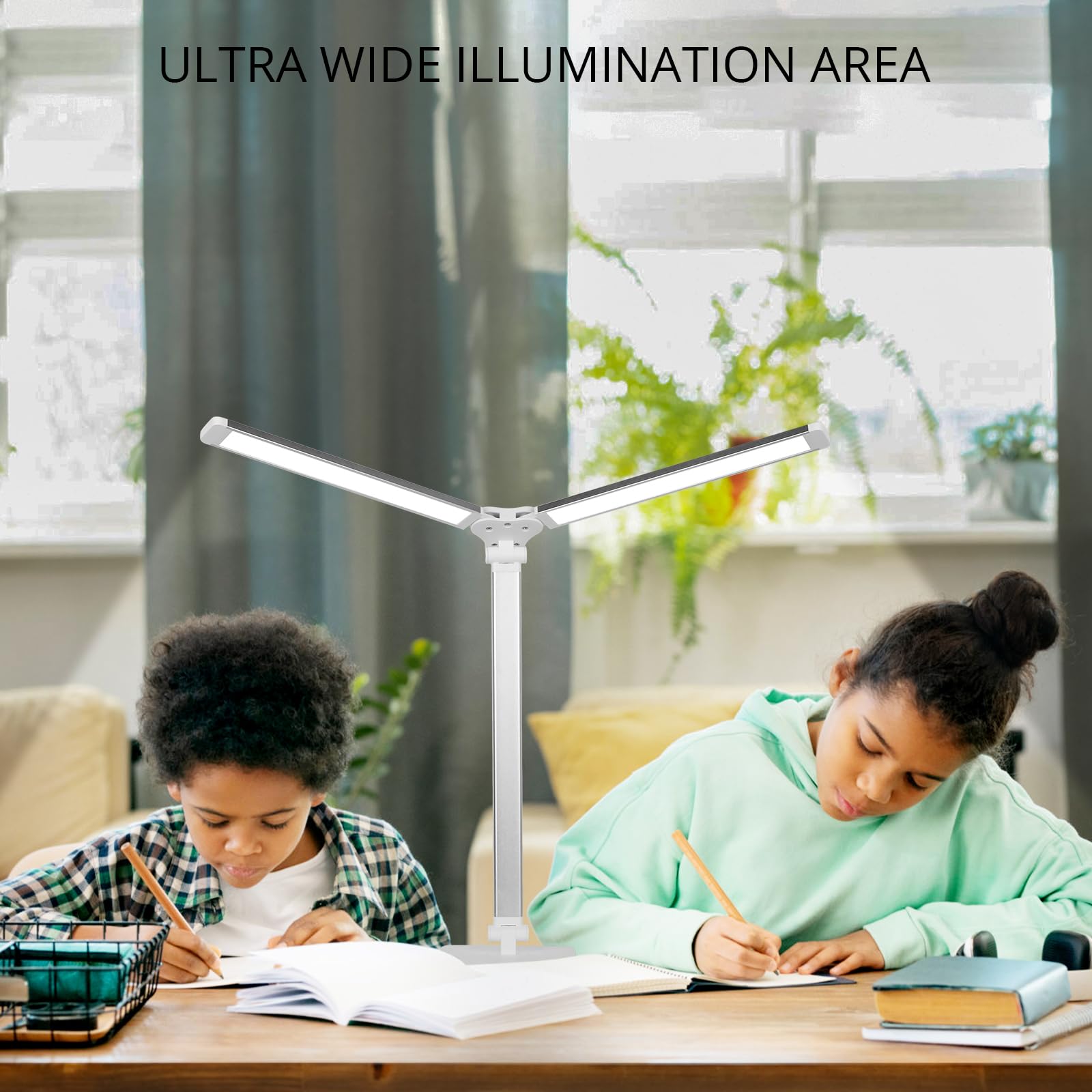 Semlos LED Desk Lamp, Eye-Caring Table Lamps, 5 Lighting Modes & 5 Brightness Levels, Dual-Head, Touch Control, Dimmable Desk Light for Home Office, White, Includes Charger