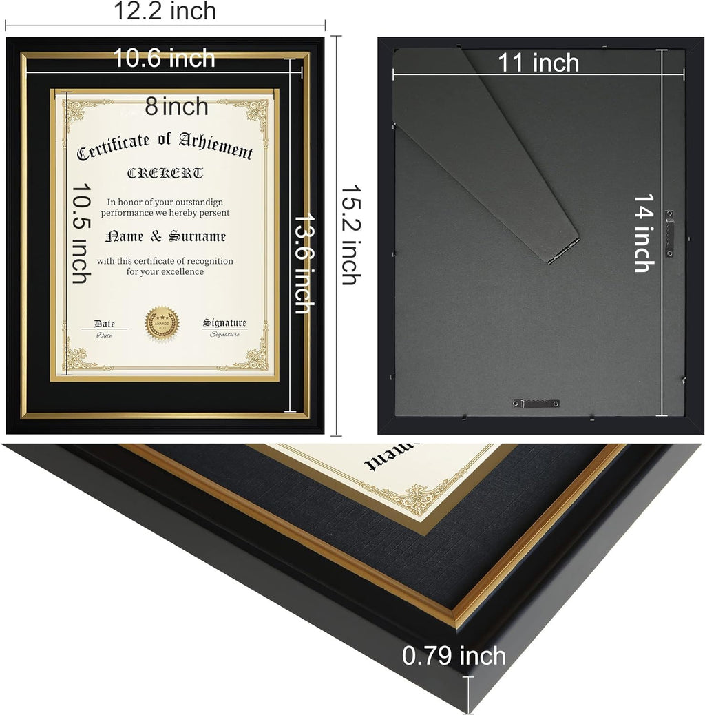 CREKERT Diploma Frame 11x14 College Degree Frame Solid Wood Shatter-Resistant Glass for Documents Certificate Blackgold Frame 8.5x11 with Mat (Black Mat, 1 Pack)