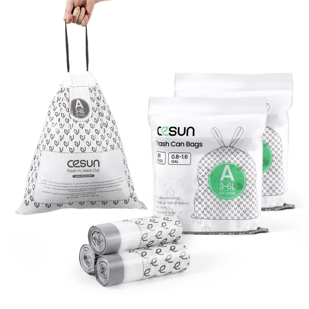 Cesun Code A Drawstring Trash Bags 90 Count, Pre Cut 1.6 Gallon / 6 Liter Trash Can Liners, White