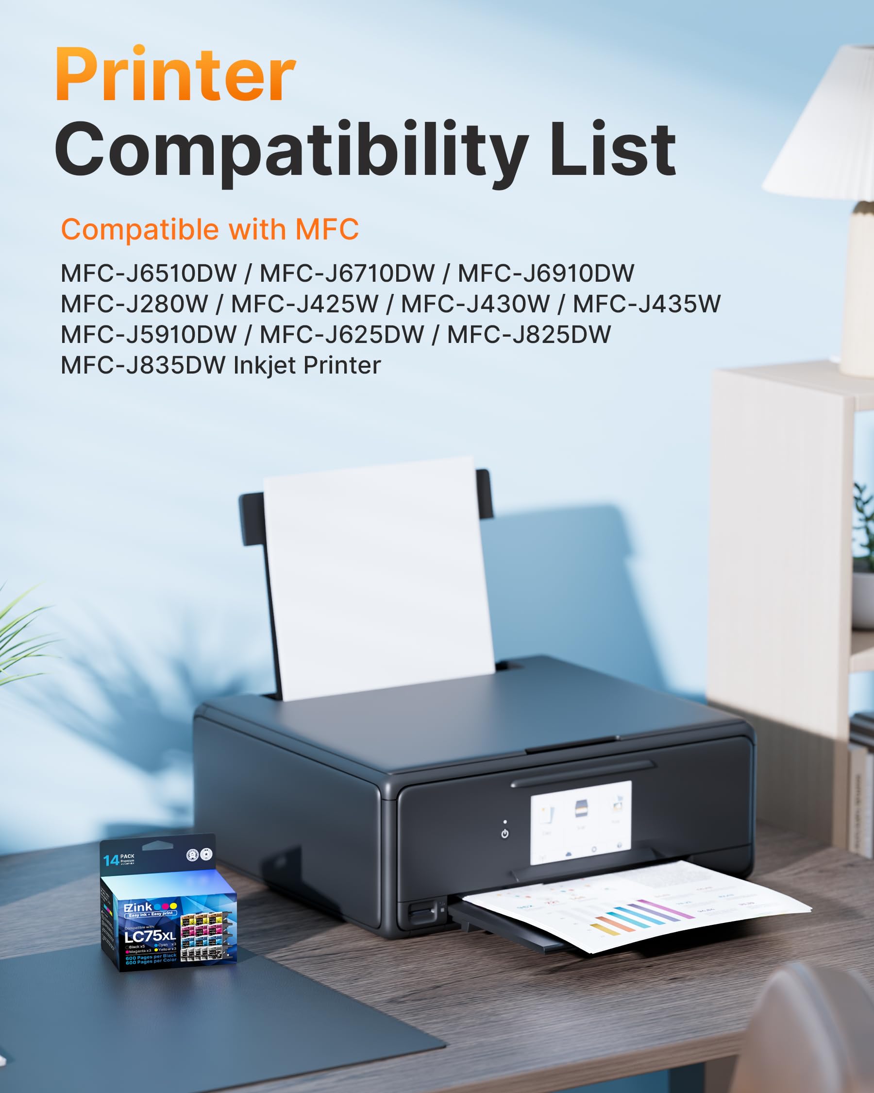 E-Z Ink Compatible Ink Cartridge Replacement for Brother LC75 LC71 LC79 XL to Use with MFC-J6510DW MFC-J6710DW MFC-J6910DW MFC-J280W MFC-J425W (5 Black, 3 Cyan, 3 Magenta, 3 Yellow) 14 Pack