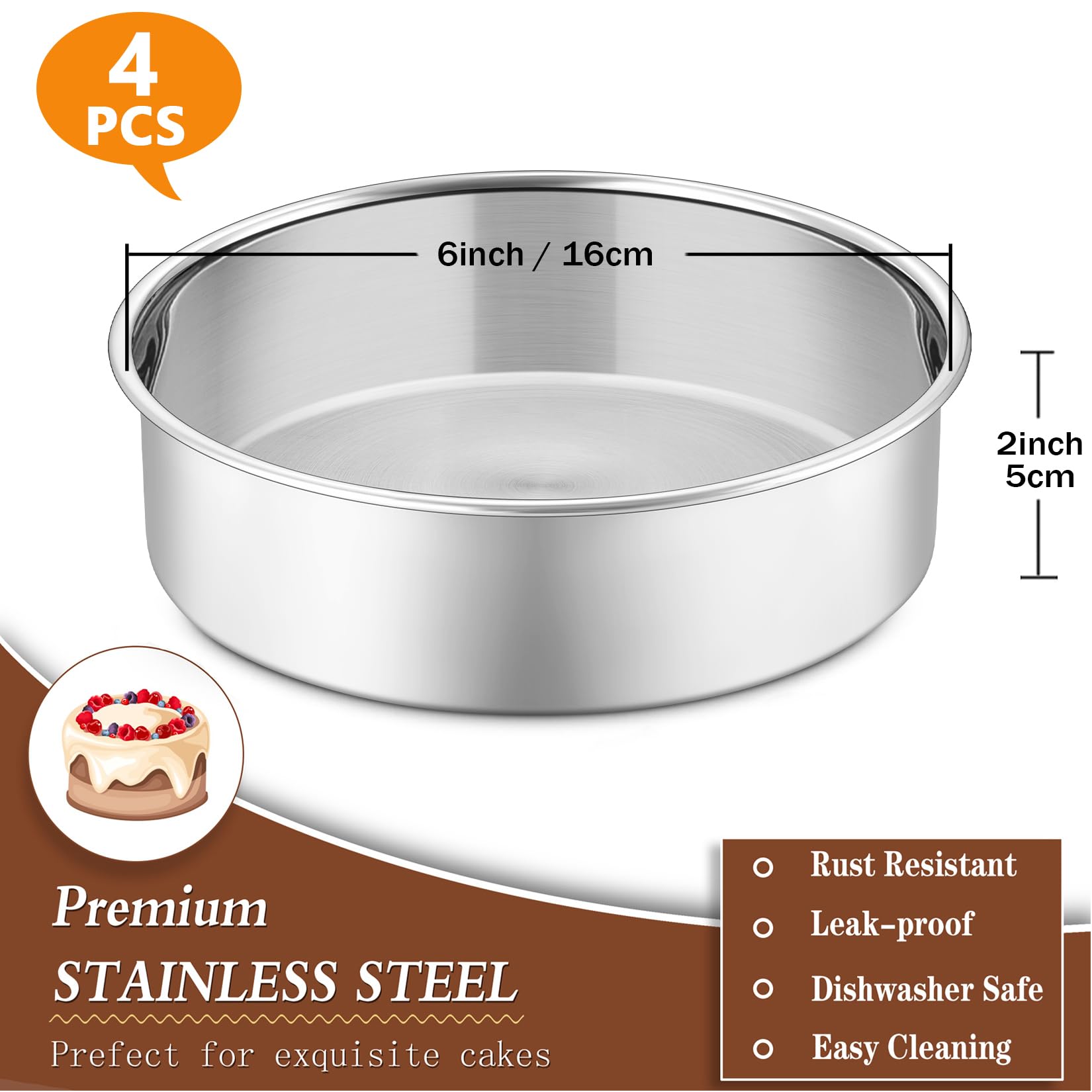 P&P Chef 6 Inch Cake Pans Set of 4, Round Baking Pan, Stainless Steel Birthday Wedding Metal Layer Cake Pans, Non Toxic & Healthy, Mirror Polished & Dishwasher Safe