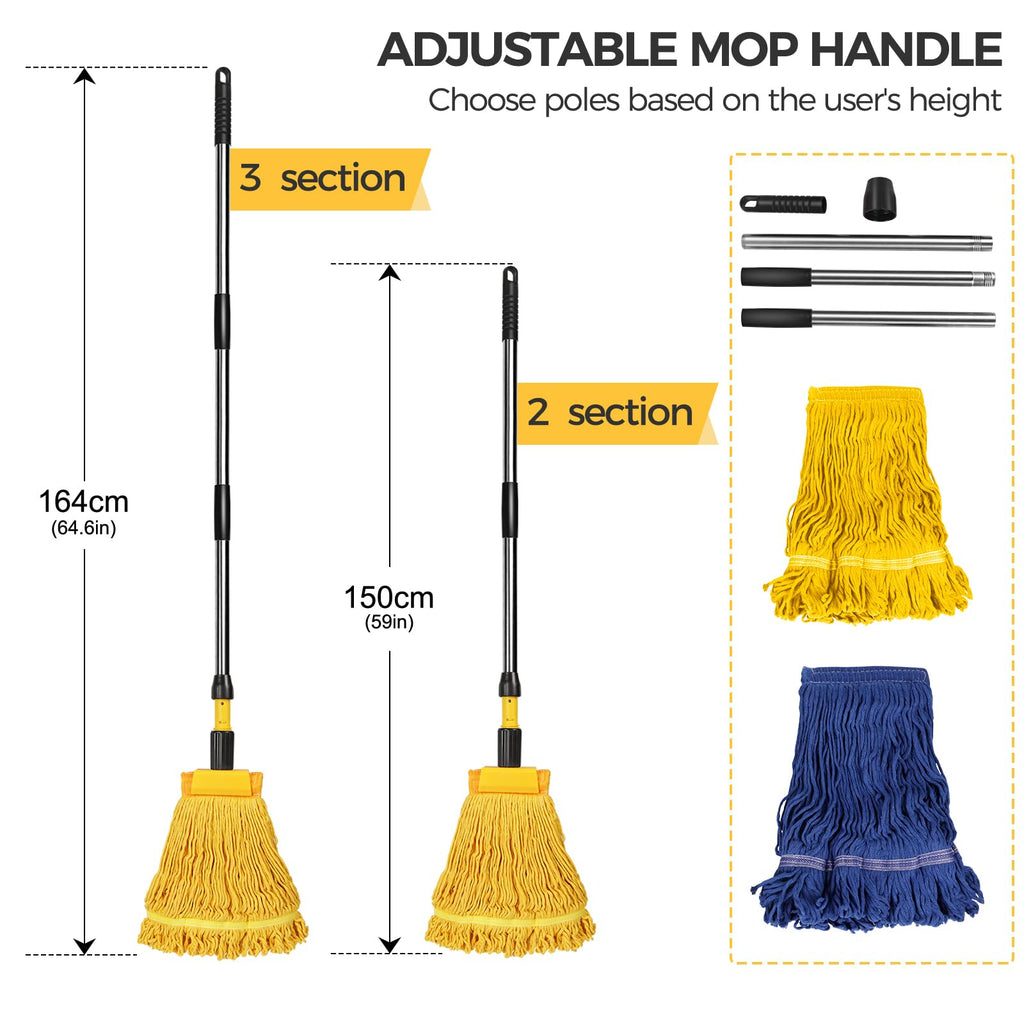 Almcmy Commercial Mop, Heavy Duty Industrial Mop with 2 Replacement Heads, 57" Long Handle, Looped-End String Wet Mops for Floor Cleaning, Janitorial Mops for Home Kitchen Garage Workshop Warehouse
