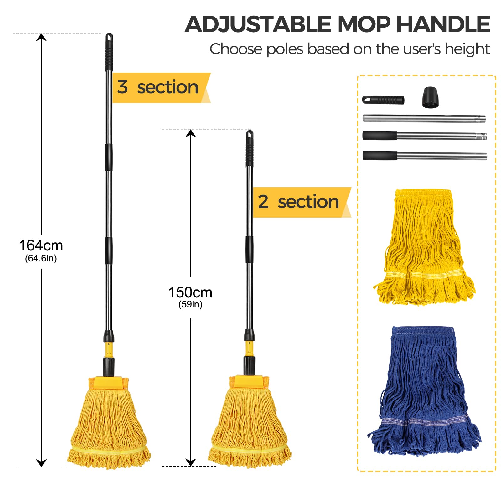 Almcmy Commercial Mop, Heavy Duty Industrial Mop with 2 Replacement Heads, 57" Long Handle, Looped-End String Wet Mops for Floor Cleaning, Janitorial Mops for Home Kitchen Garage Workshop Warehouse