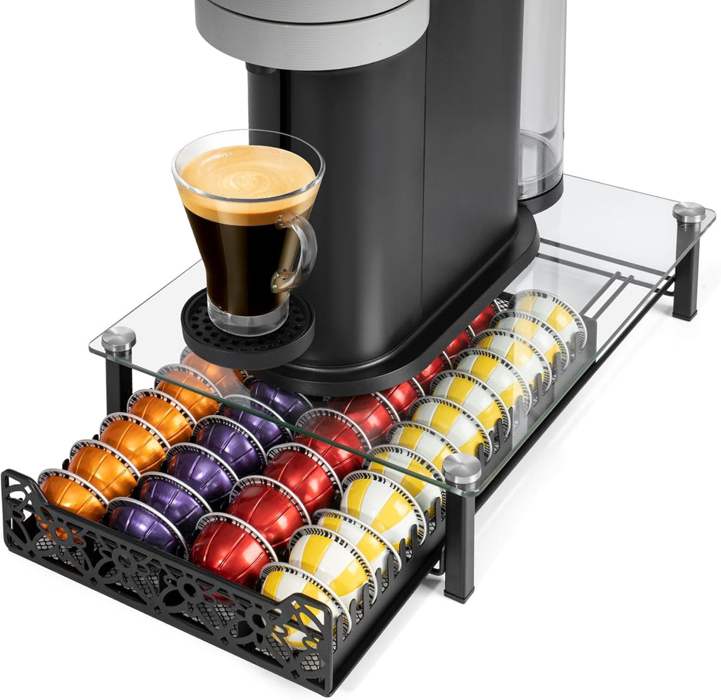 RECAPS Crystal Tempered Glass Organizer Drawer Holder Compatible with Nespresso Vertuo Capsules, K Cup Pod Drawer Coffee Maker Machine Stand.