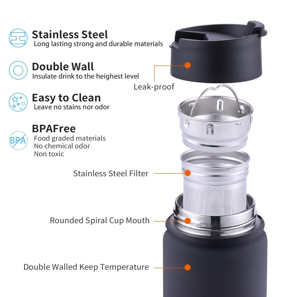 Sivaphe 17oz/500ml Insulated Water Bottle with Removable Stainless Steel Infuser Basket, Double Wall Vacuum Travel Mug (Black)