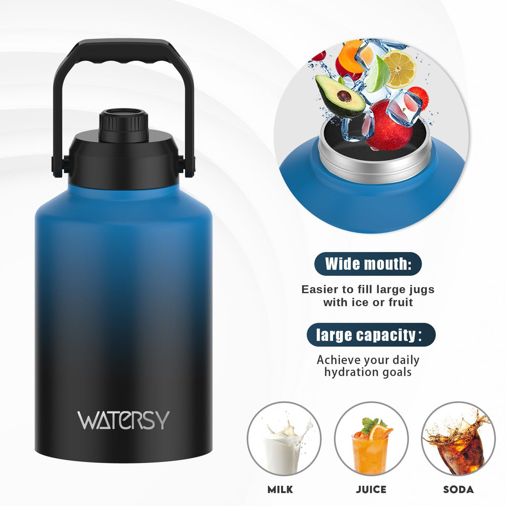 WATERSY 1 Gallon Water Bottle Insulated(Cold for 48 Hrs),BPA Free&Leak Proof,128oz Stainless Steel Water Jug,Big Flask,Large Water Bottle with Handle for Gym,Hiking,Camping&Travel,Gradient Blue
