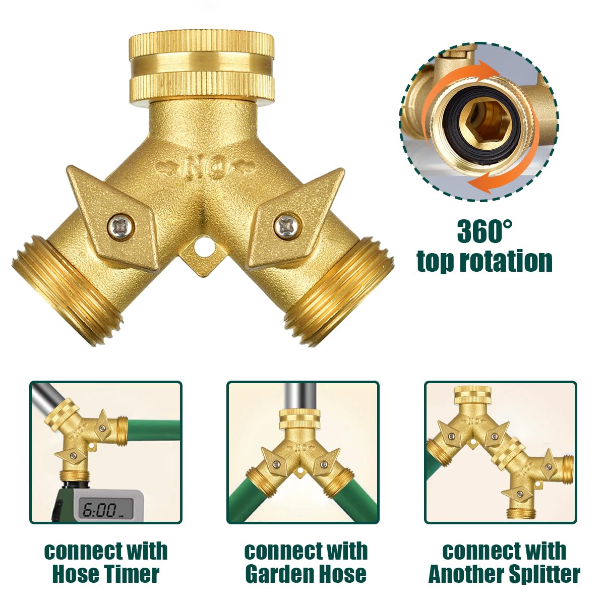 Brass Hose Splitter 2 Way, Heavy Duty Garden Hose Y Splitter with 2 Hose Protectors 6 Extra Rubber Washers