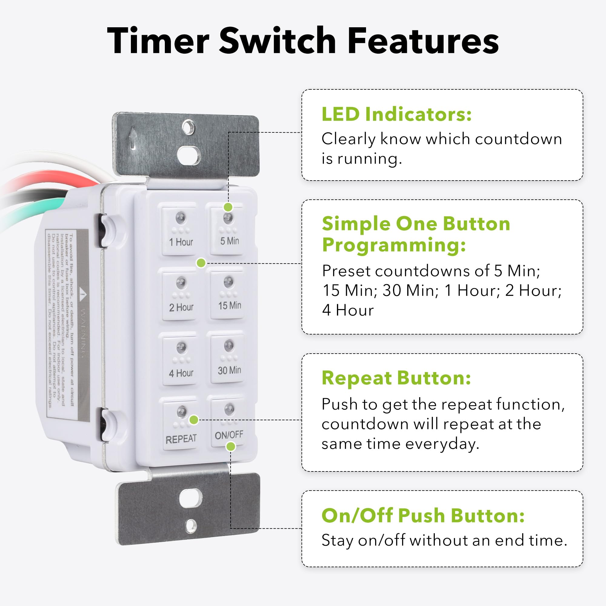 BN-LINK Countdown Digital Wall Timer Switch for Exhaust Fan with Push Button 5-15-30-60mins, 2-4hours, Bathroom Fan Light Switch Timer Indoor, Neutral Required, Wall Plate Included, White