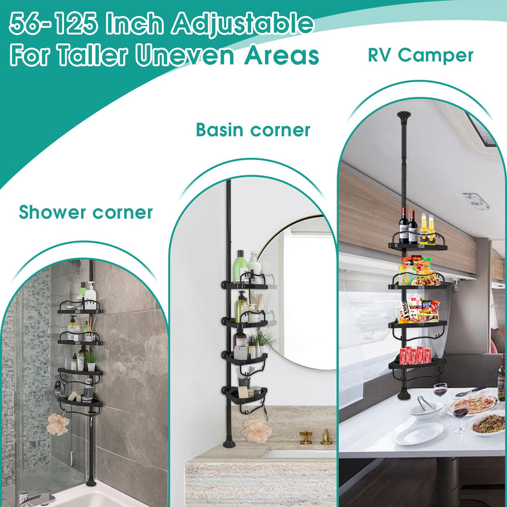 Shower Caddy Corner, 56 to 125 Inch Adjustable Tension Pole Corner Shower Caddy with ABS Baskets,Rustproof Stainless Pole, Drill Free Shower Rack, Large Shower Storage Shelf for Inside Shower