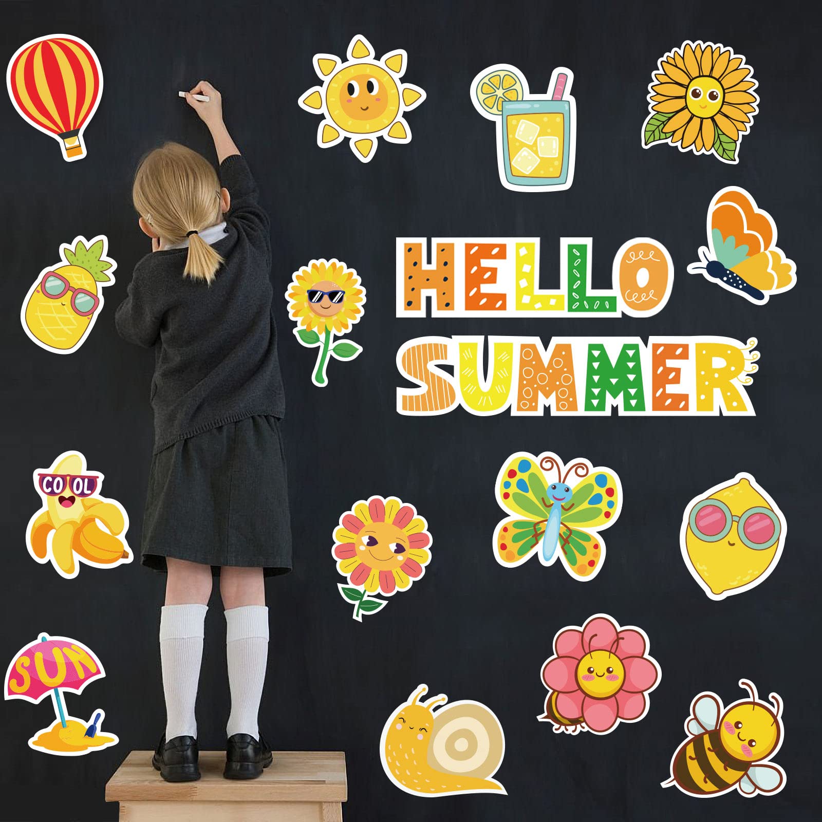 48Pcs Hello Summer Cut-Outs Summer Flower Cut Outs with 90Pcs Glue Points Colorful Paper Patterned Cut-Outs Bulletin Board Decoration for School Classroom Game Party Supplies