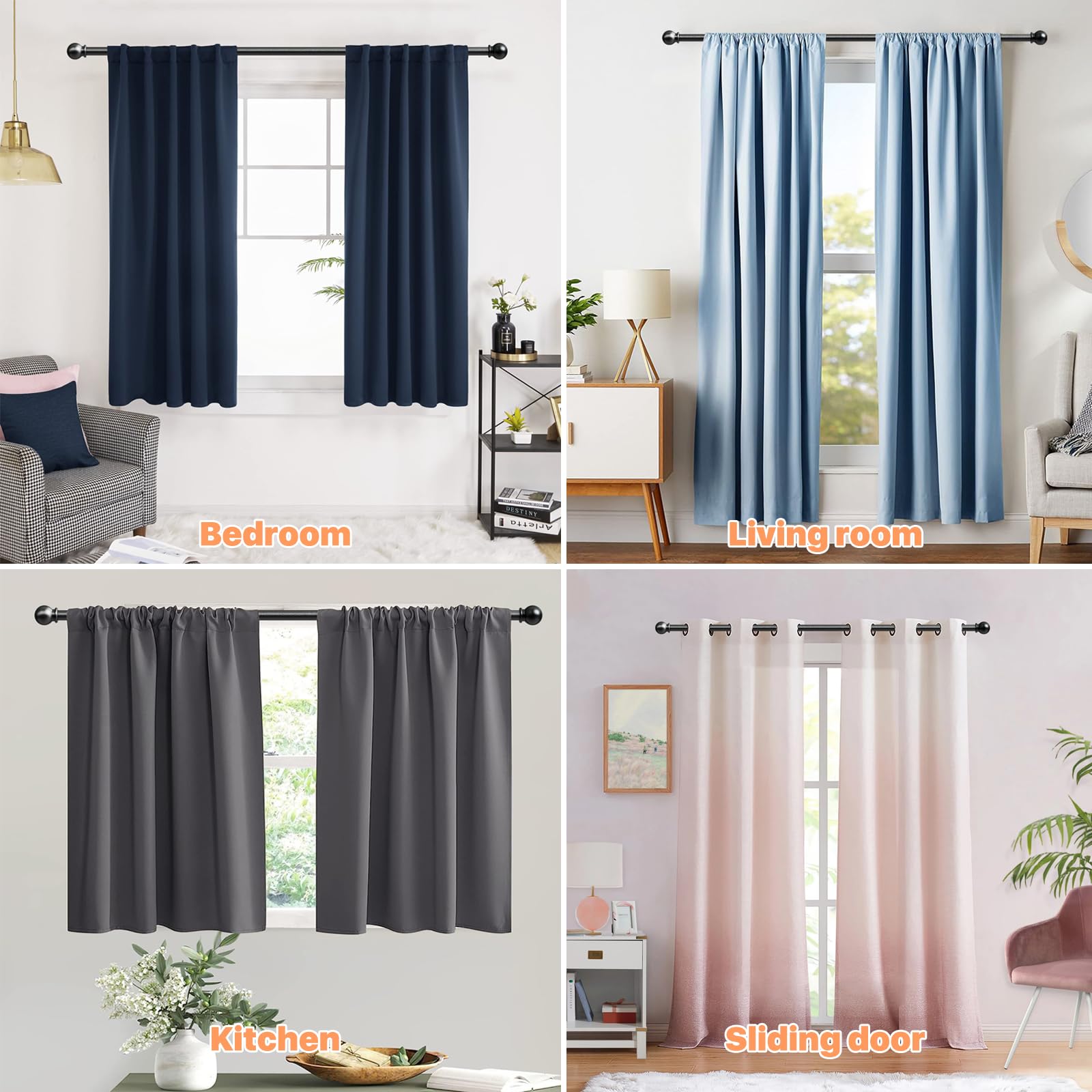 2 Pack Curtain Rod 48 to 84 inch, Adjustable 5/8 Diameter Decorative Drapery Rod Set of 2, Heavy Duty Metal Standard Curtain Rod for Bedroom, Living Room, Black