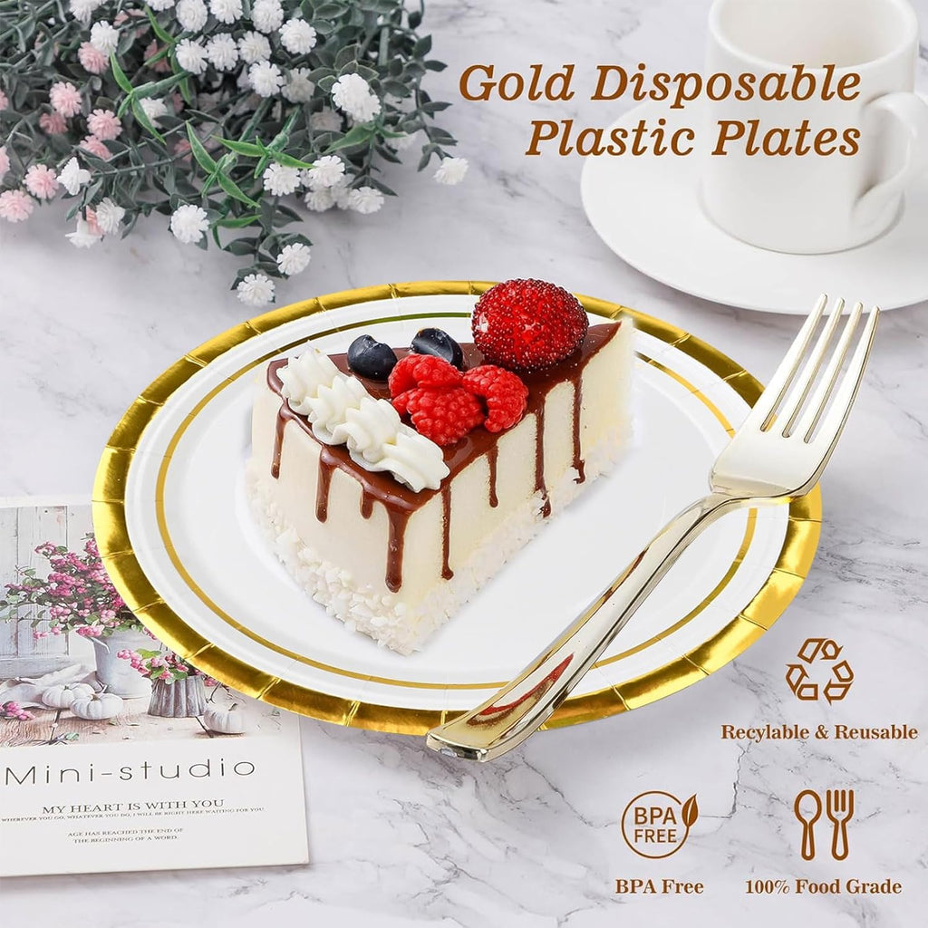 100 Pieces 7 Inches Disposable Paper Plates, Elegant Gold Rimmed Paper Plates Bulk, Round Party Plates for Wedding Birthday Baby Shower Graduction BBQ Picnic Holiday Decorations