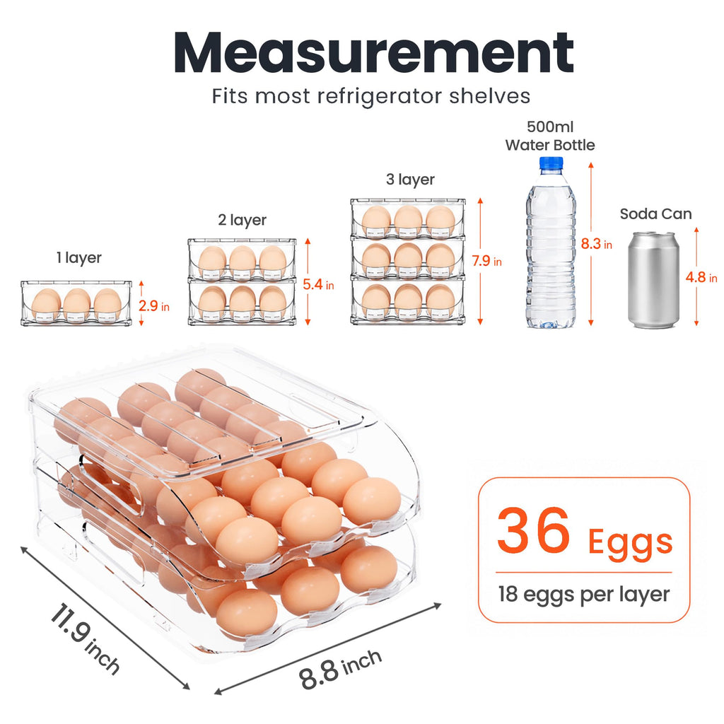 SMRCAD Egg Holder for Fridge, Automatic Stable Rolling Egg Dispenser with Handle & Silicone Pad for Refrigerator, Large Capacity Egg Organizer with Lid