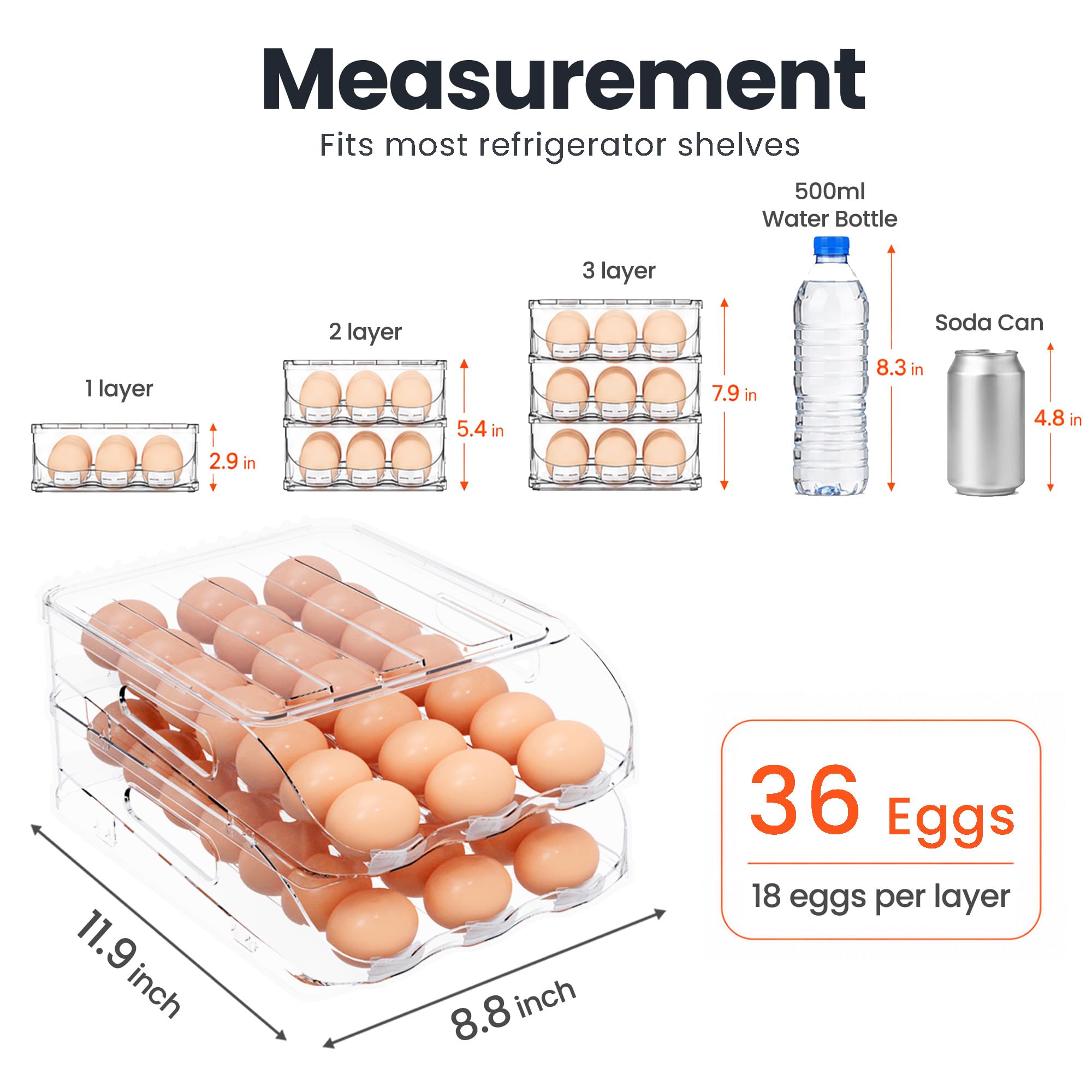 SMRCAD Egg Holder for Fridge, Automatic Stable Rolling Egg Dispenser with Handle & Silicone Pad for Refrigerator, Large Capacity Egg Organizer with Lid