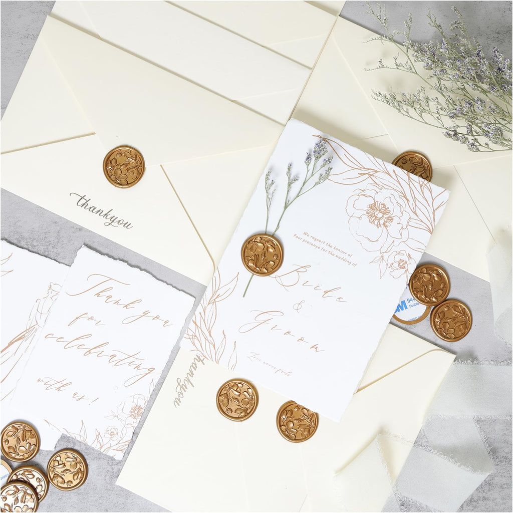 UNIQOOO Wax Seal Stickers - 3D Magnolia Wedding Invitation Envelope Botanical Seal Stickers, 50 Pcs Self- Adhesive Antique Gold Stickers, Perfect for Invitation, Christmas, Gift Wrapping, Party