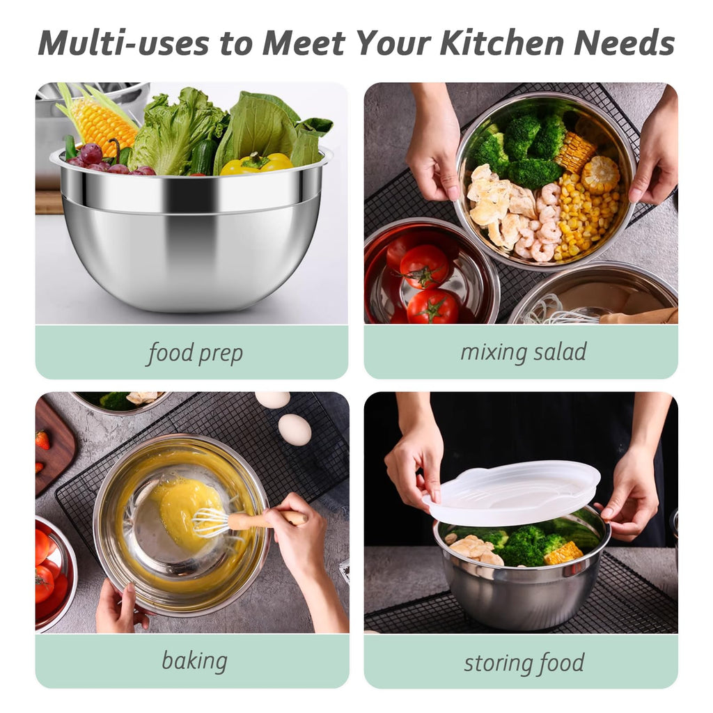 Luvan 18/10 304 Stainless Steel Mixing Bowl,Set of 6(1,1.5,1.9,2.6,3.4,4.2QT),with Airtight Lids,Nesting Bowls for Space Saving Storage,Dishwasher Safe, Great for Mixing,Baking, Prepping