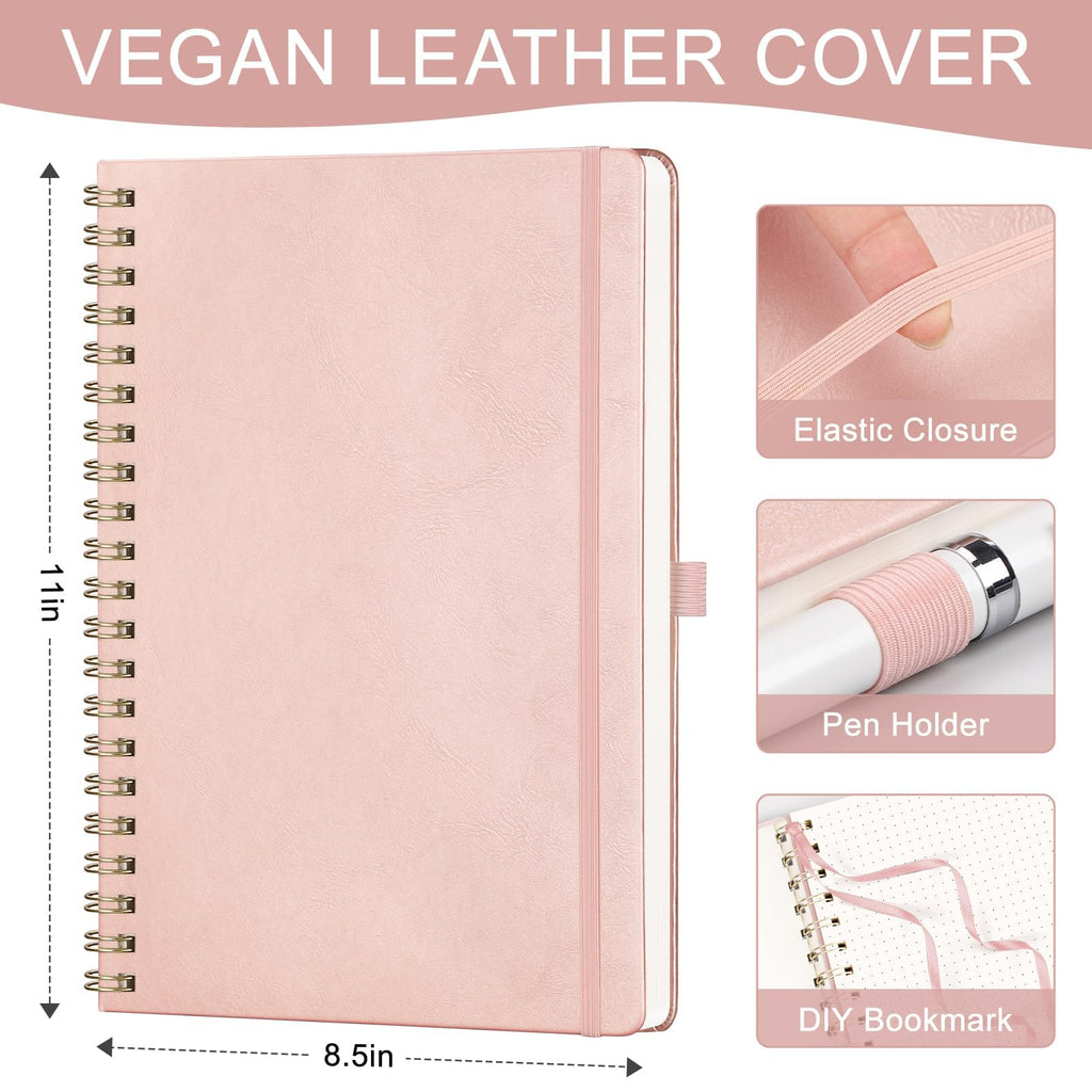 AHGXG Dotted Journal Spiral Notebook 8.5" x 11", Large A4 Leather Hardcover Dotted Notebook, 100 GSM Thick Dot Grid Paper, Inner Pocket, Rose Gold