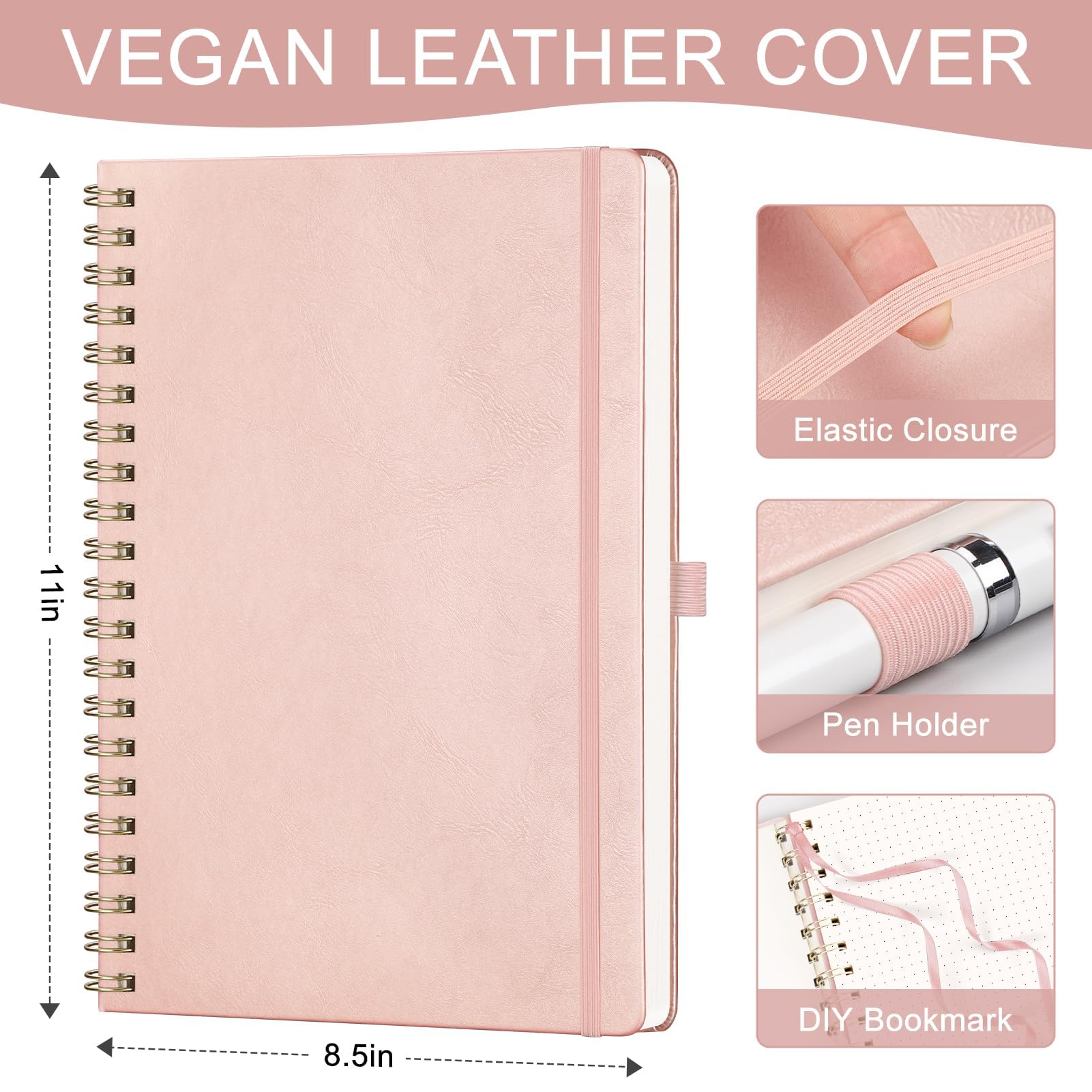 AHGXG Dotted Journal Spiral Notebook 8.5" x 11", Large A4 Leather Hardcover Dotted Notebook, 100 GSM Thick Dot Grid Paper, Inner Pocket, Rose Gold