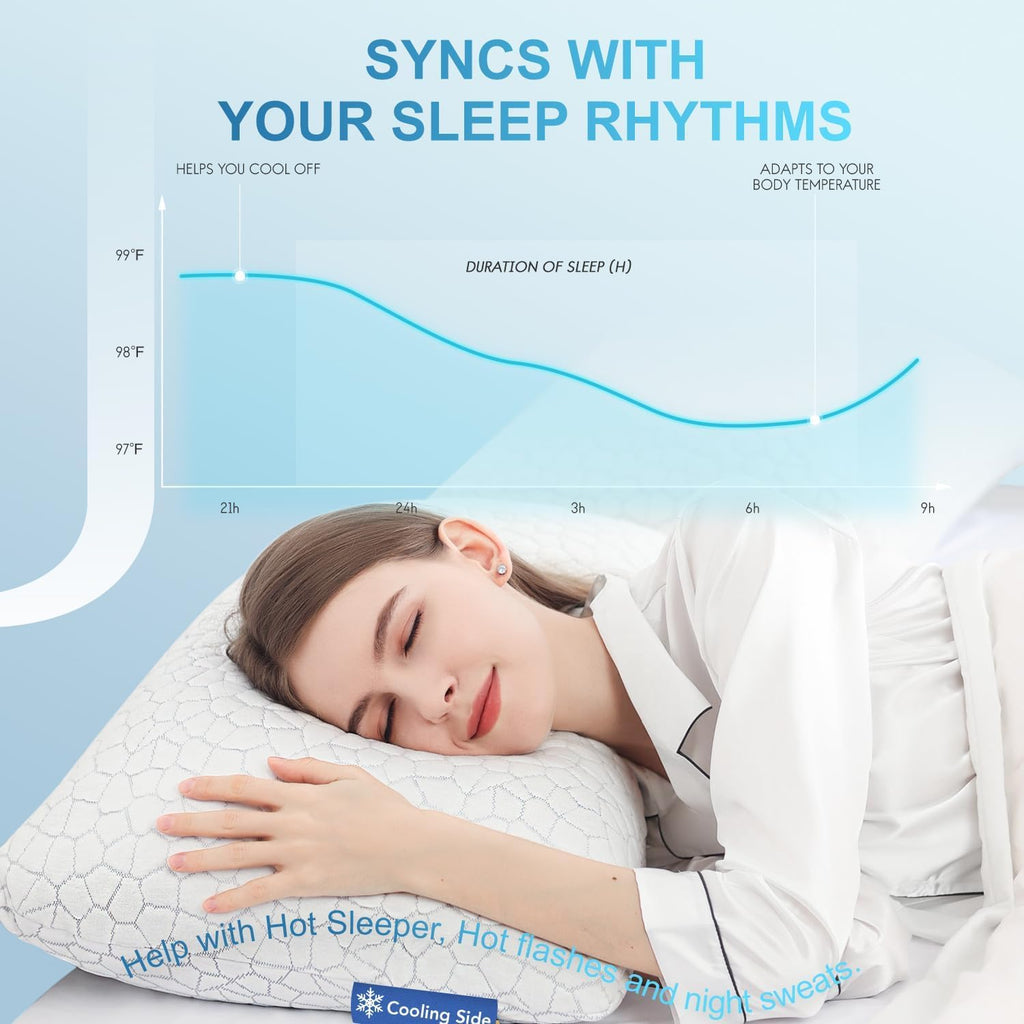 Cooling Memory Foam Pillow for Sleeping, Adjustable Shredded Memory Foam Bed Pillow, Breathable Bamboo Rayon Cover, Soft & Supportive Pillow for Side Back Stomach Sleepers, Queen Size 1-Pack