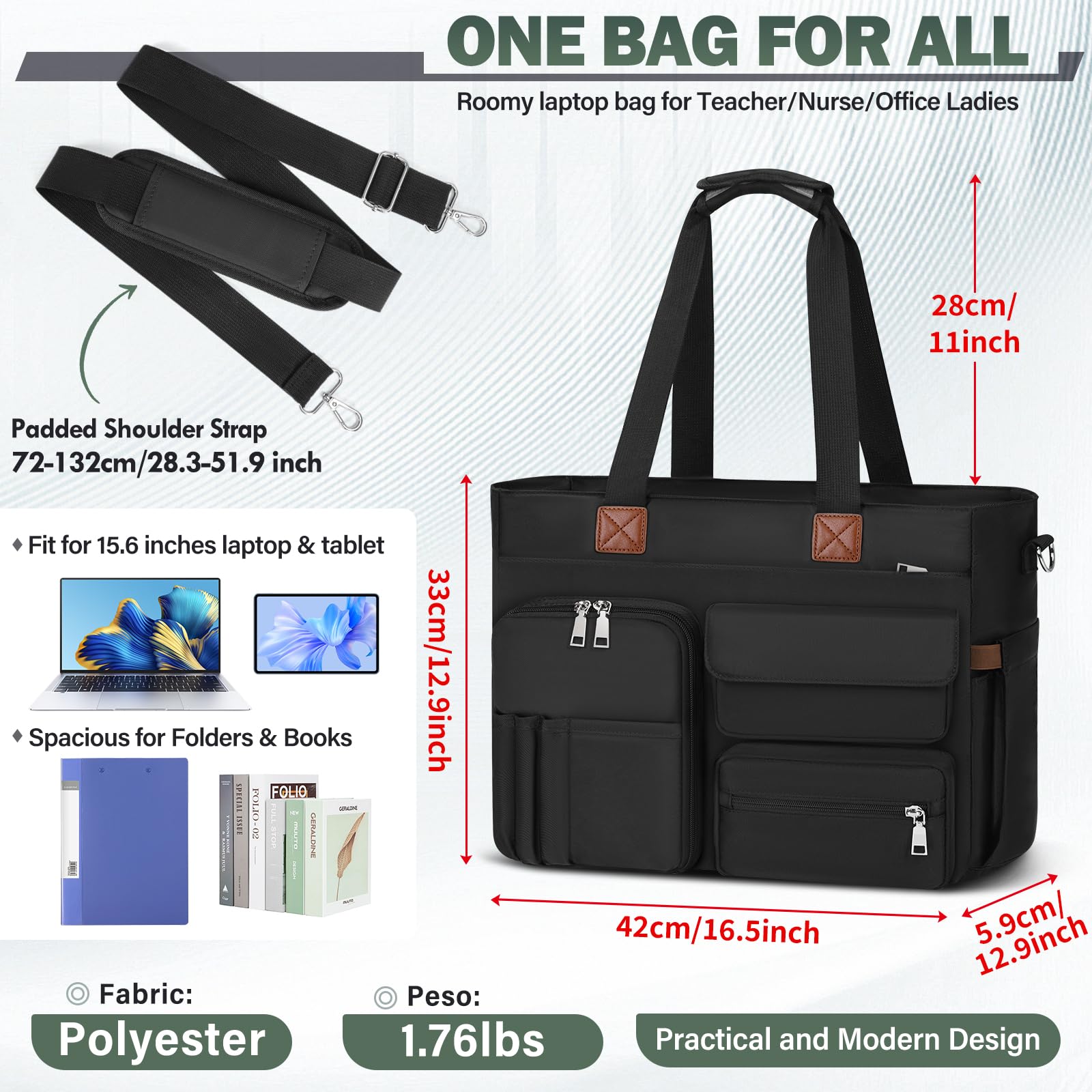 SDYSM Teacher Tote Bag for Women 15.6 inch Laptop Bag Nurse Work Bags Computer Messenger Shoulder Bags Laptop Briefcase with Insulated Pocket, for Travel Office College Nursing, Black