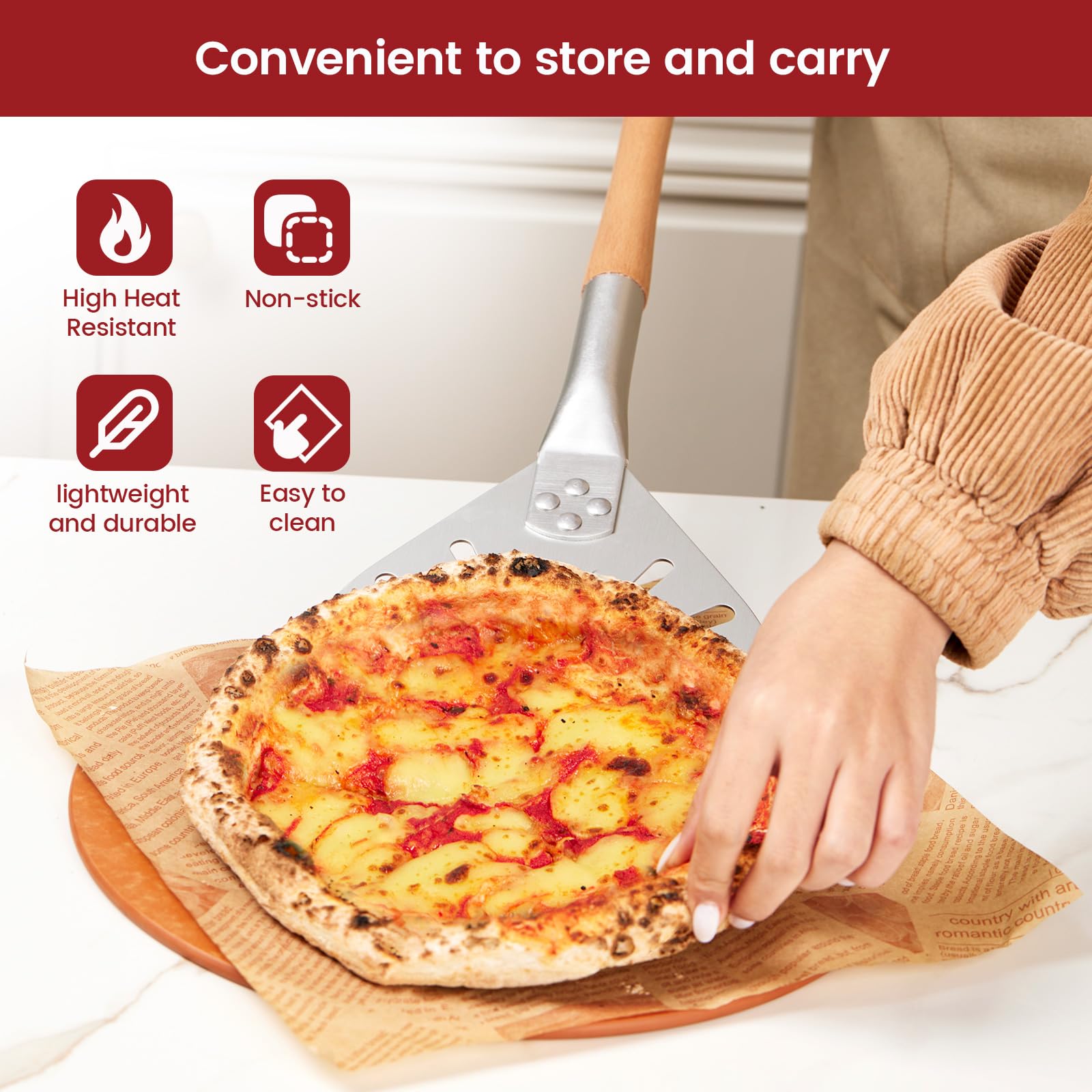 Pizza Turning Peel 7" Perforated Anodized Aluminum Round Pizza Peel Turner with Wood Handle Non Stick Pizza Paddle for Homemade Pizza Bread Outdoor Pizza Oven Accessories