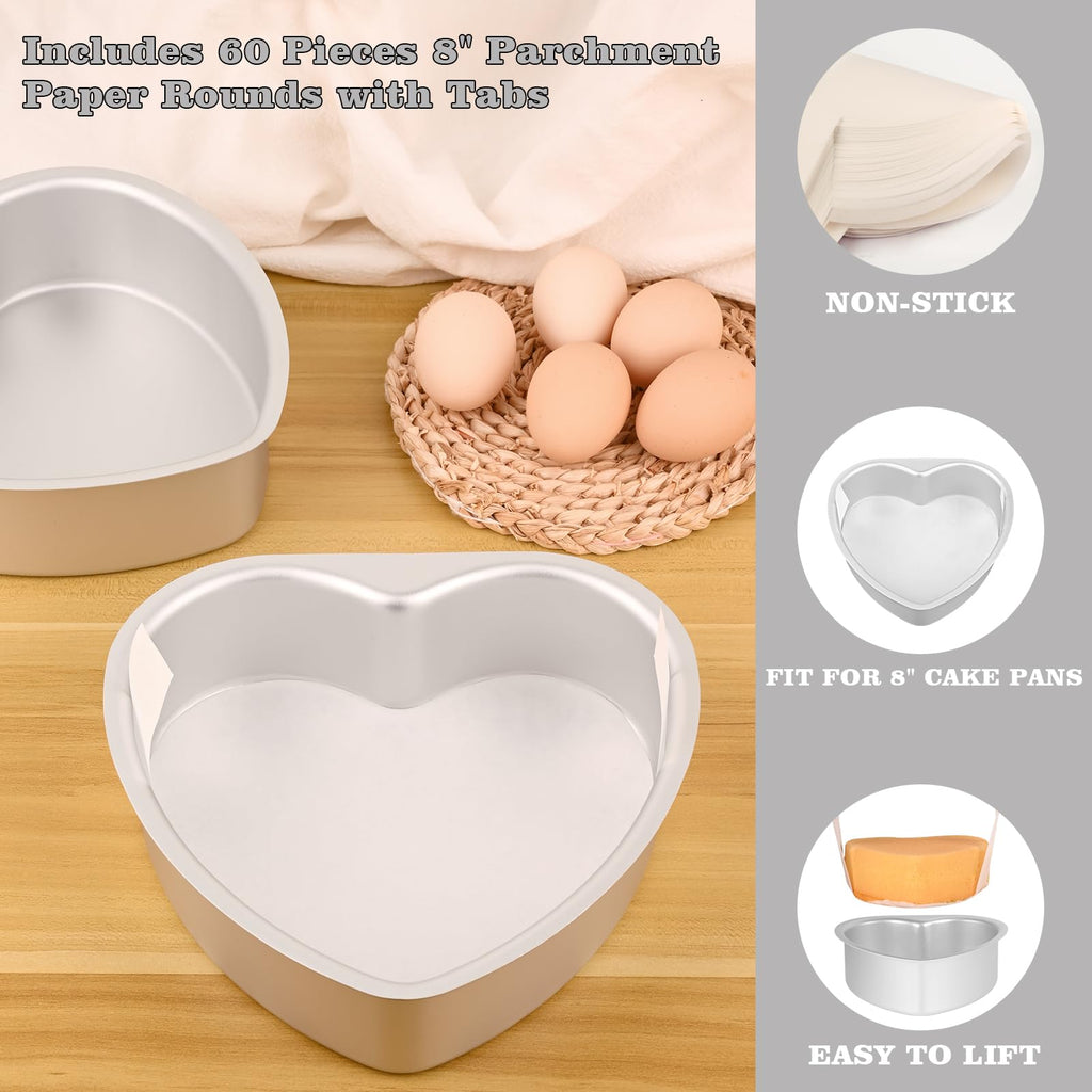 HUAKENER 8 Inch Heart Cake Pan, Set of 2 Heart Shaped Cake Pans with 60 Pieces Parchment Paper, Non-stick Cake Baking Pans for Kitchen Birthday Wedding
