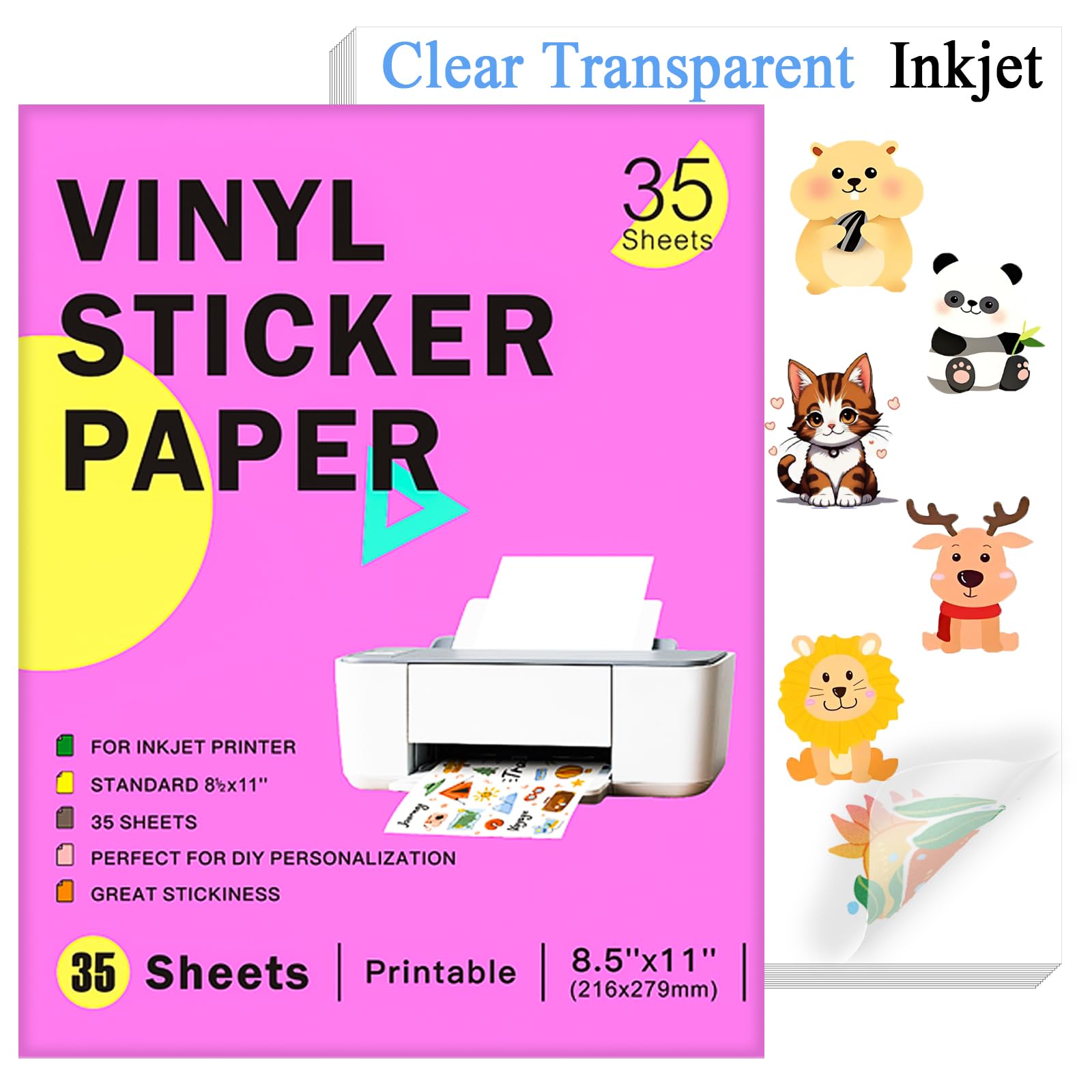 Ruibytree Printable Clear Vinyl Sticker Paper for Inkjet Printers, 35 Sheets Transparent Paper of 8.5x11 DIY Personalized Self-Adhesive Paper that is Tear Resistant, Waterproof Labels, Easy to Cut