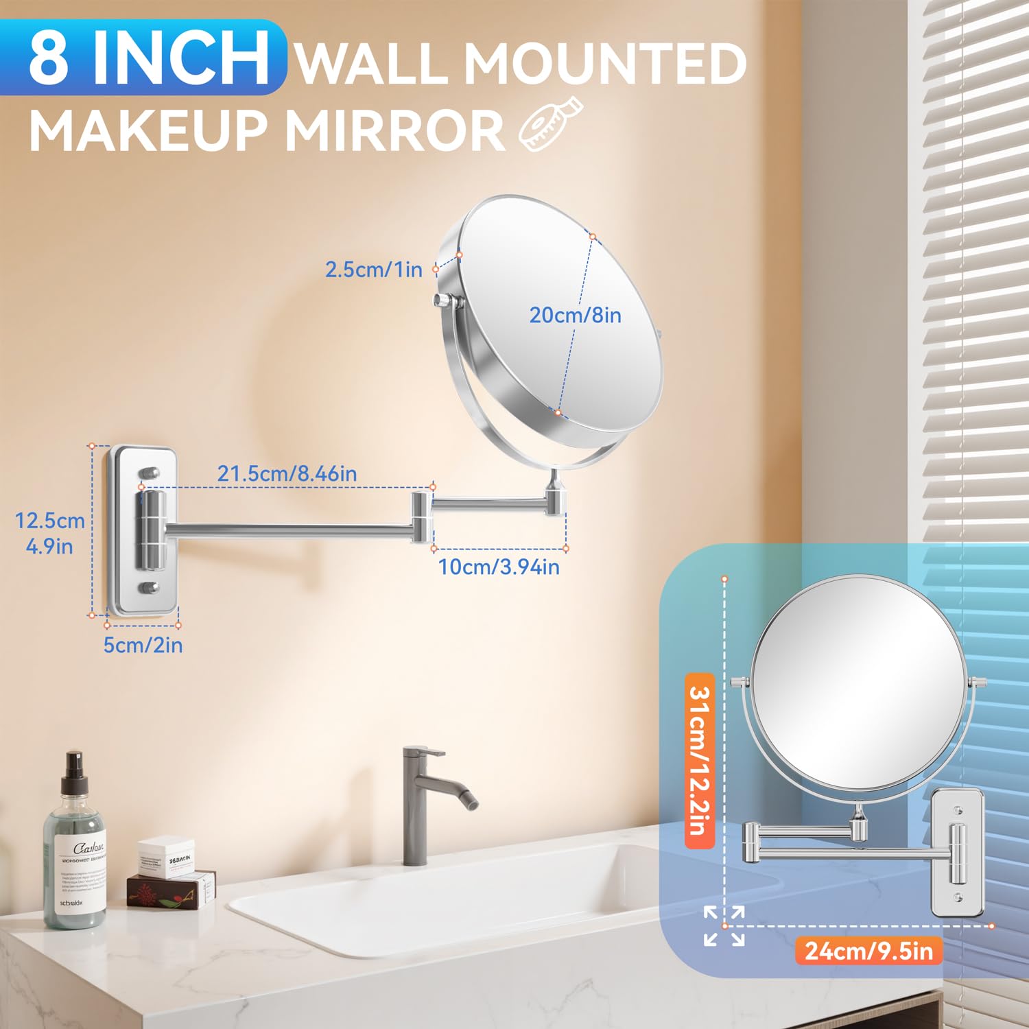 Auxmir 20X/1X Wall Mounted Makeup Mirror, 8" Double-Sided Magnifying Mirror with Tweezers, Bathroom Vanity Makeup Mirror, Cosmetic Mirror with 360° Swivel Extendable Arm, Chrome