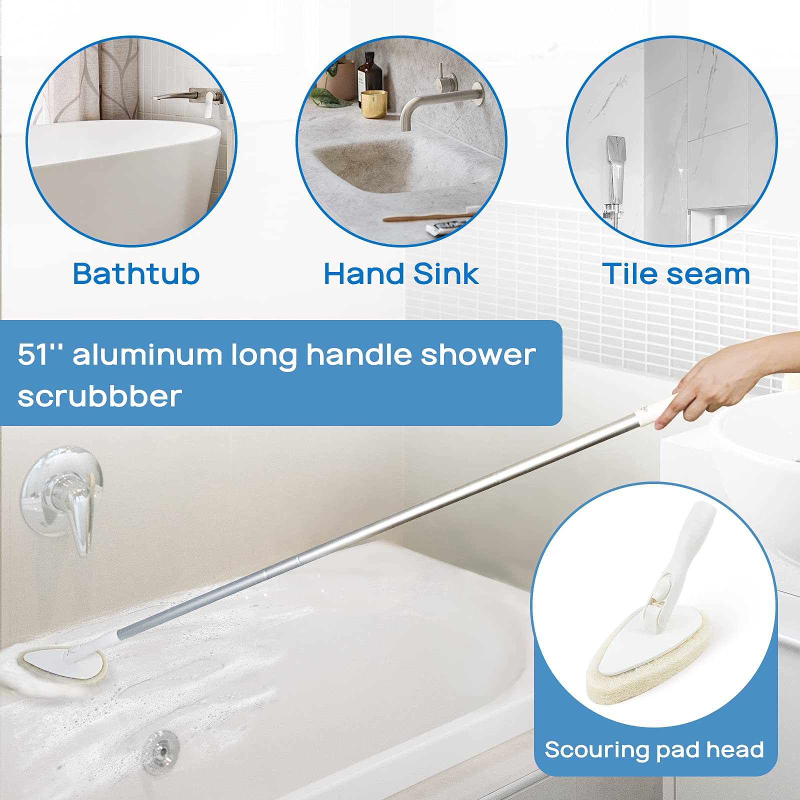 Qaestfy Shower Scrubber and Cleaning Brush Combo 51'' Aluminum Long Handle for Bathroom Bathtub Tub and Tile Scrubber Brush Deep Cleaning Model QAE002