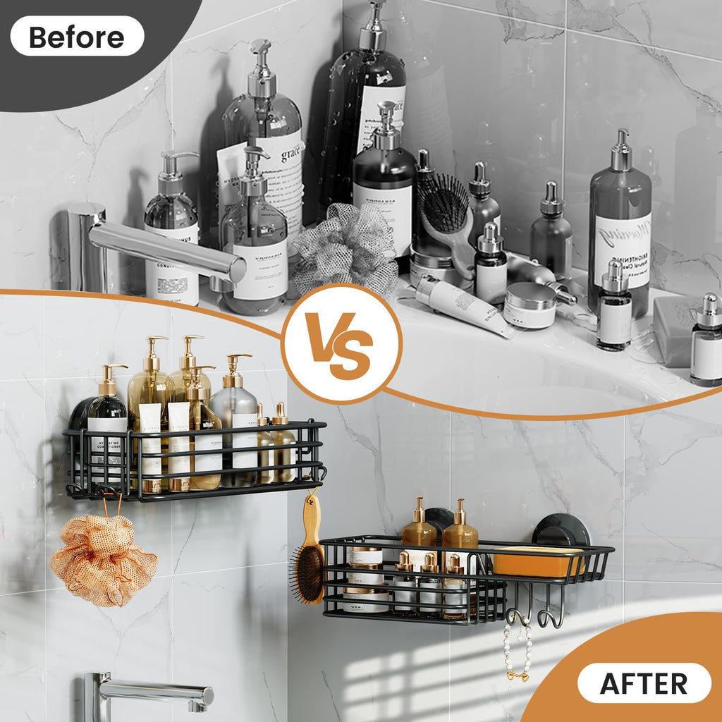LEVERLOC Shower Caddy Suction Cup, 2 Pack Shower Shelf with Hooks and Soap Holder, NO-Drilling Bathroom Organizer, Rustproof Metal Bathroom Storage and Organization - Black