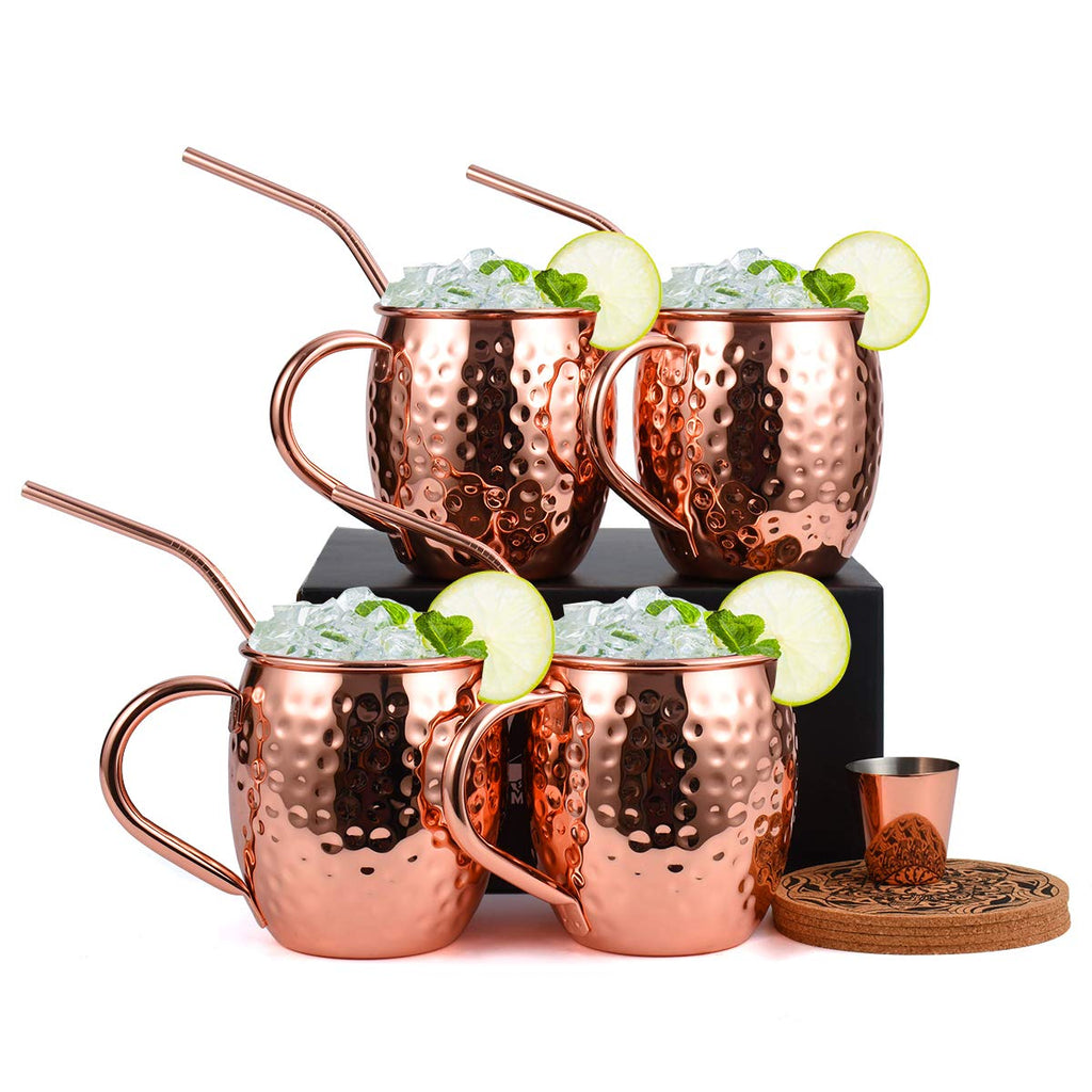 Eligara Moscow Mule Copper Mugs Set of 4, Handcrafted Food Safe Copper Cups for Moscow Mule Cocktail, 16 oz Gift Set with Bonus 1 Shot Glass 4 Straws and 4 Coasters (Classic - Cork Coaster - 4)
