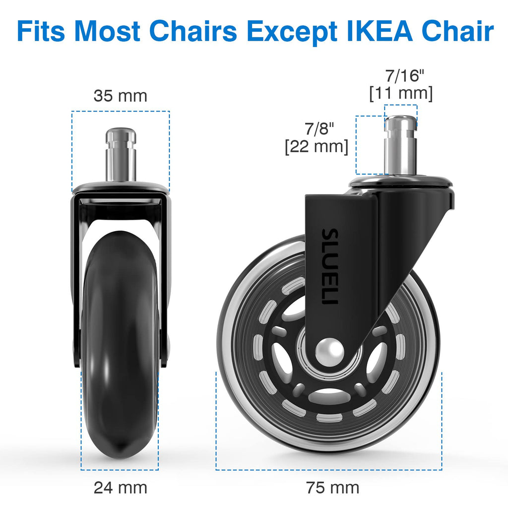 Office Chair Caster Wheels Replacement Rubber Chair Casters (Set of 5), 3 Inch Heavy-Duty Office Chair casters for Hardwood Floors Carpet and Tile Floors Universal fit