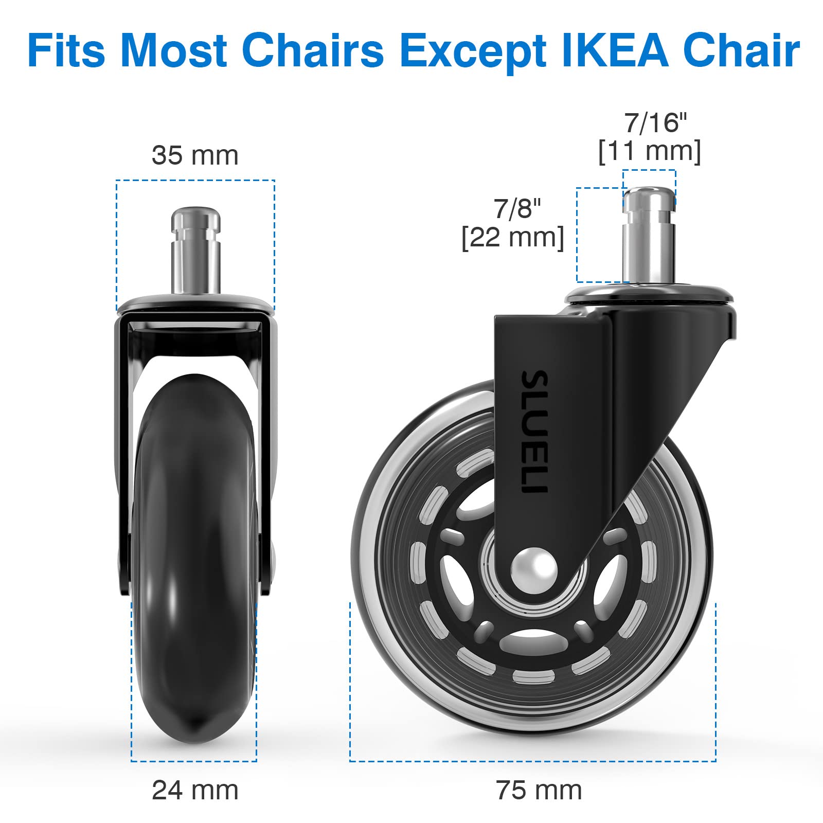 Office Chair Caster Wheels Replacement Rubber Chair Casters (Set of 5), 3 Inch Heavy-Duty Office Chair casters for Hardwood Floors Carpet and Tile Floors Universal fit