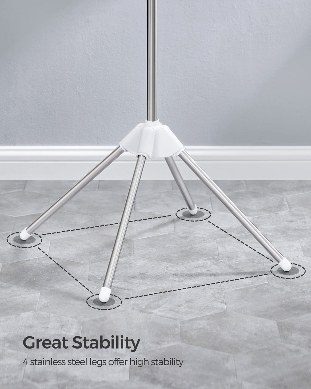 SONGMICS Clothes Drying Rack, 59-Inch Folding Laundry Drying Rack with 3 Rotatable Arms for Hangers, 4 Legs, Stainless Steel, for 27 Pieces of Clothes, White and Silver ULLR510W01