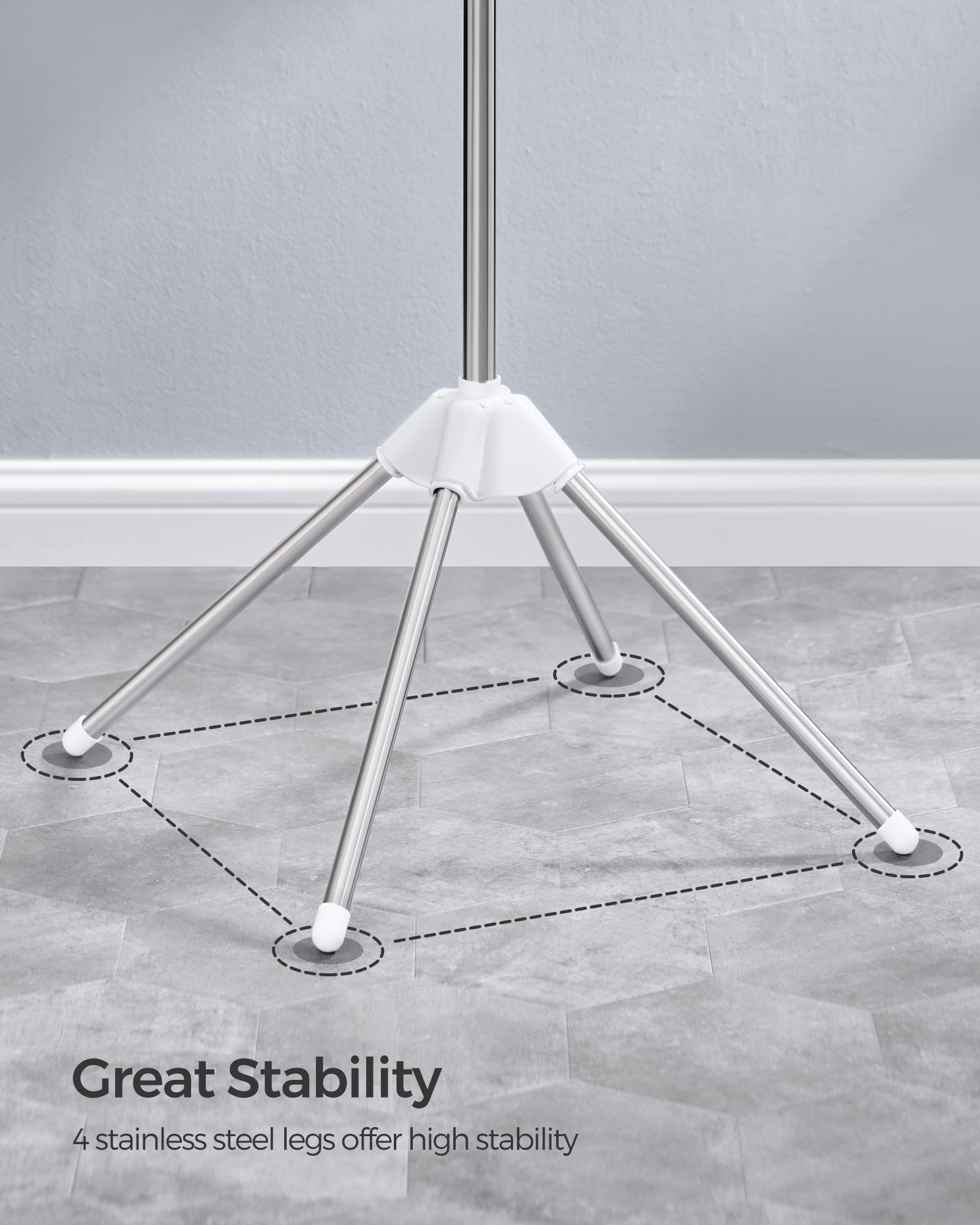 SONGMICS Clothes Drying Rack, 59-Inch Folding Laundry Drying Rack with 3 Rotatable Arms for Hangers, 4 Legs, Stainless Steel, for 27 Pieces of Clothes, White and Silver ULLR510W01