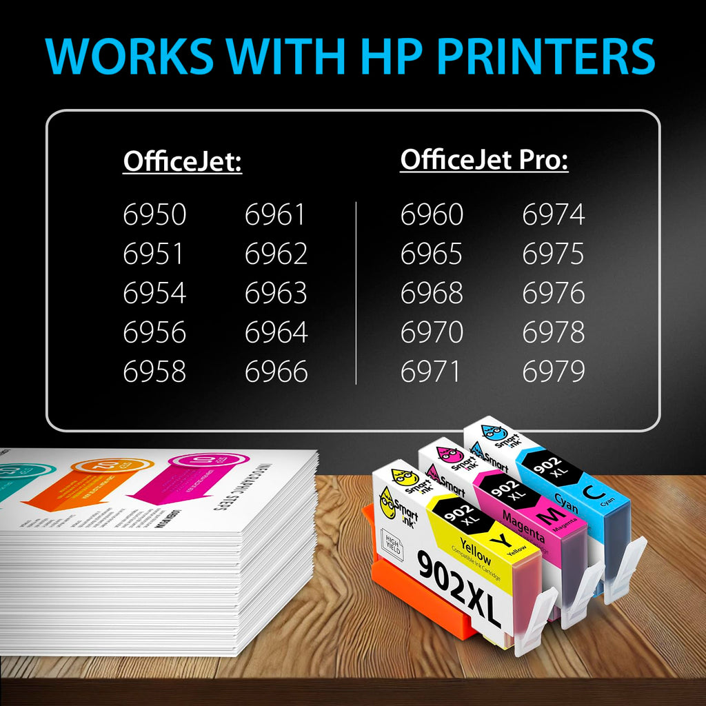 Smart Ink Compatible Ink Cartridge Replacement for HP 902 XL 902XL (C/M/Y, 3 Pack) with Advanced Chip Technology to use with OfficeJet 6951 6954 6956 6958 6962 6950 OfficeJet Pro 6968 6974 6975 6960
