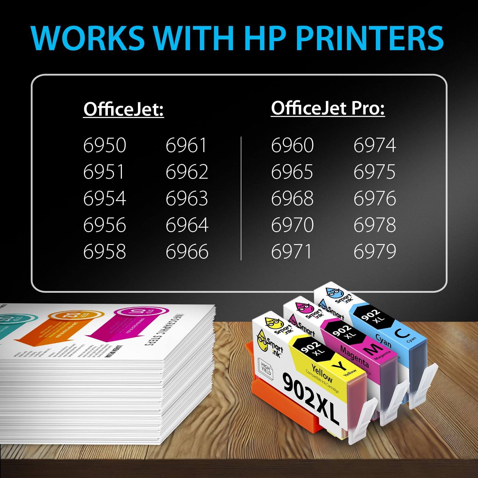 Smart Ink Compatible Ink Cartridge Replacement for HP 902 XL 902XL (C/M/Y, 3 Pack) with Advanced Chip Technology to use with OfficeJet 6951 6954 6956 6958 6962 6950 OfficeJet Pro 6968 6974 6975 6960