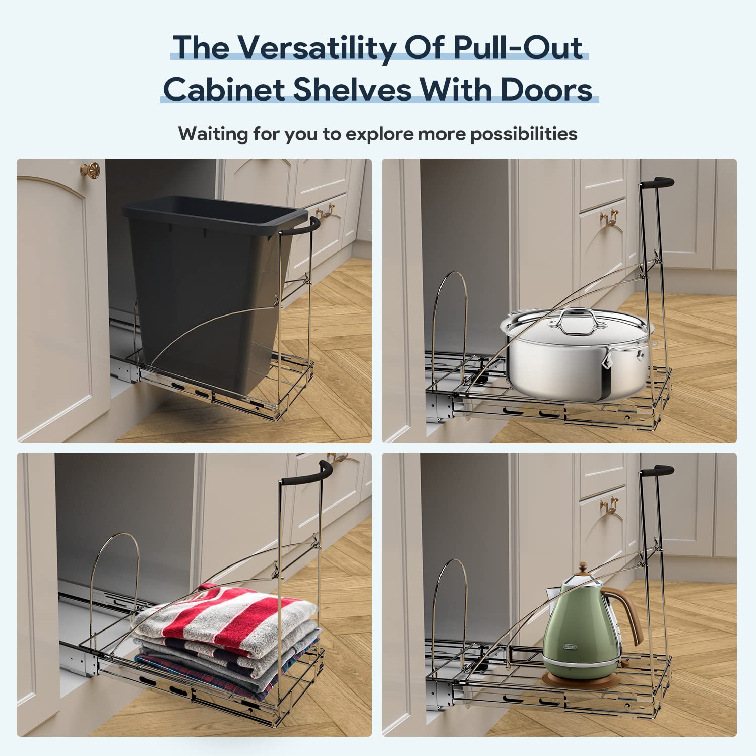 Pull Out Garbage Bin Kitchen,Roll Out Trash Can Under Cabinet,Under Sink Slide Out Organizer,Cabinet Garbage Can Slide Out Kit with Silicone Handle,Chrome-Waste Bin Not Included
