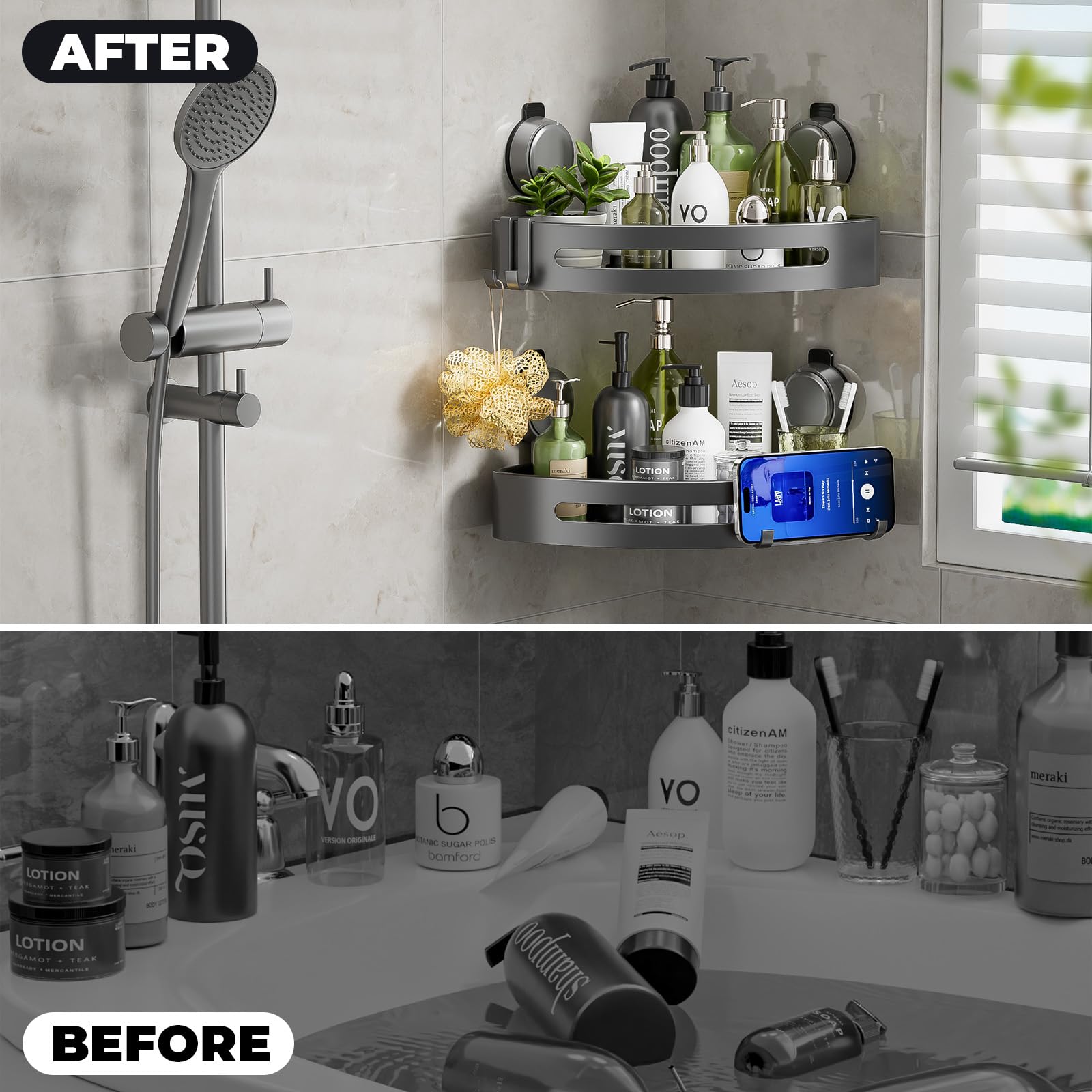 Shower Caddy Corner,Suction Cup Shower Caddy with Hooks,No Drilling Rustproof Aluminum Bathroom Organizers and Storage,Shelves for Bathroom Accessories Decor (2)