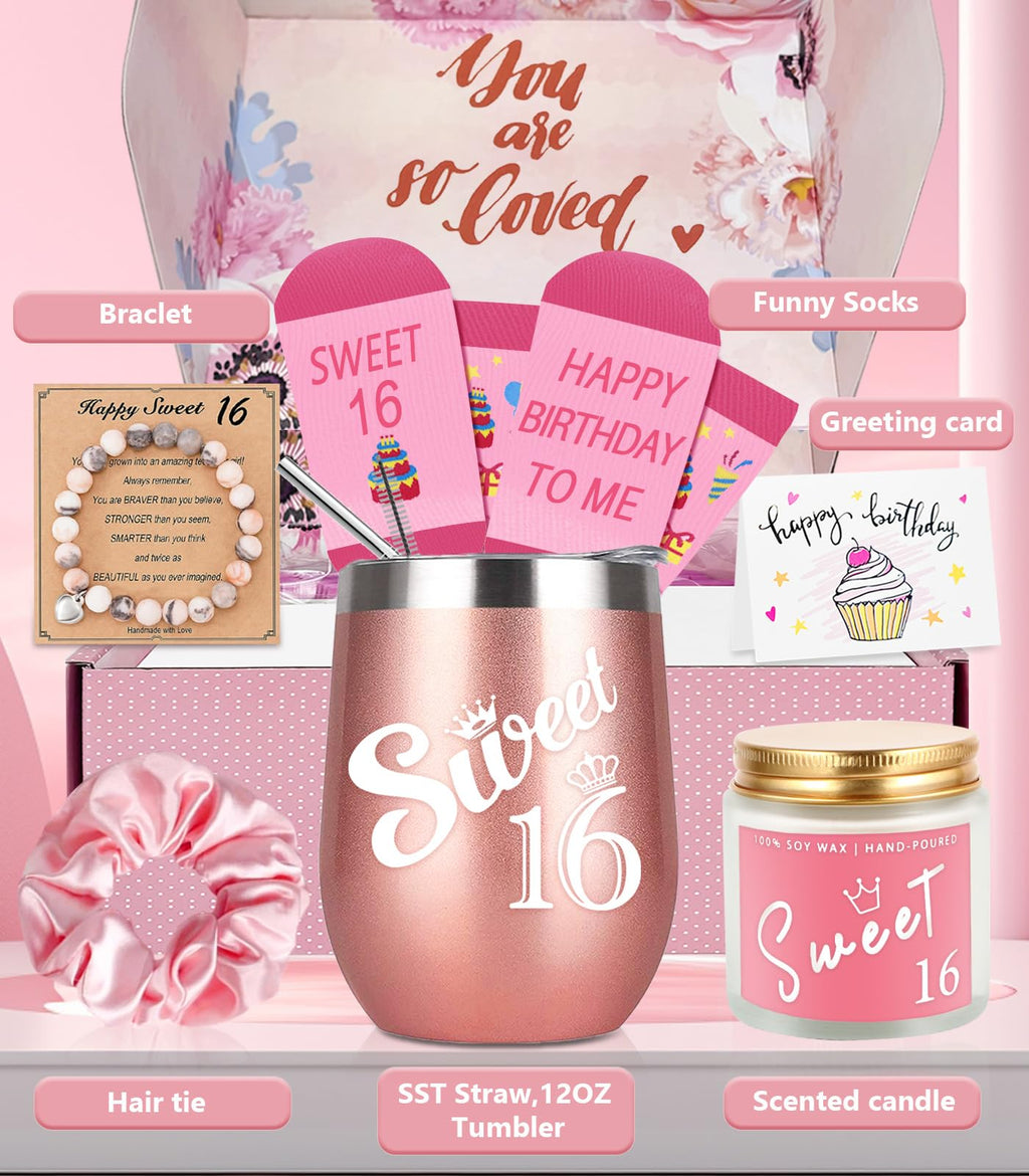 Awfrky Sweet 16 Gifts for Girls, Best 16th Birthday Gift Set, 7 Items, Including Insulated Tumbler, Bracelet, Socks, Candles, Hair Tie & Card