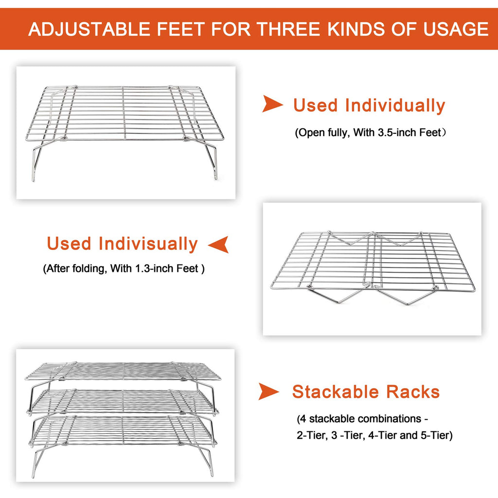 Cooling Rack, P&P CHEF 5-Tier Stainless Steel Stackable Baking Cooking Racks for Cooling Roasting Grilling, Collapsible & Heavy Duty, Oven & Dishwasher Safe - 15’’x10’’