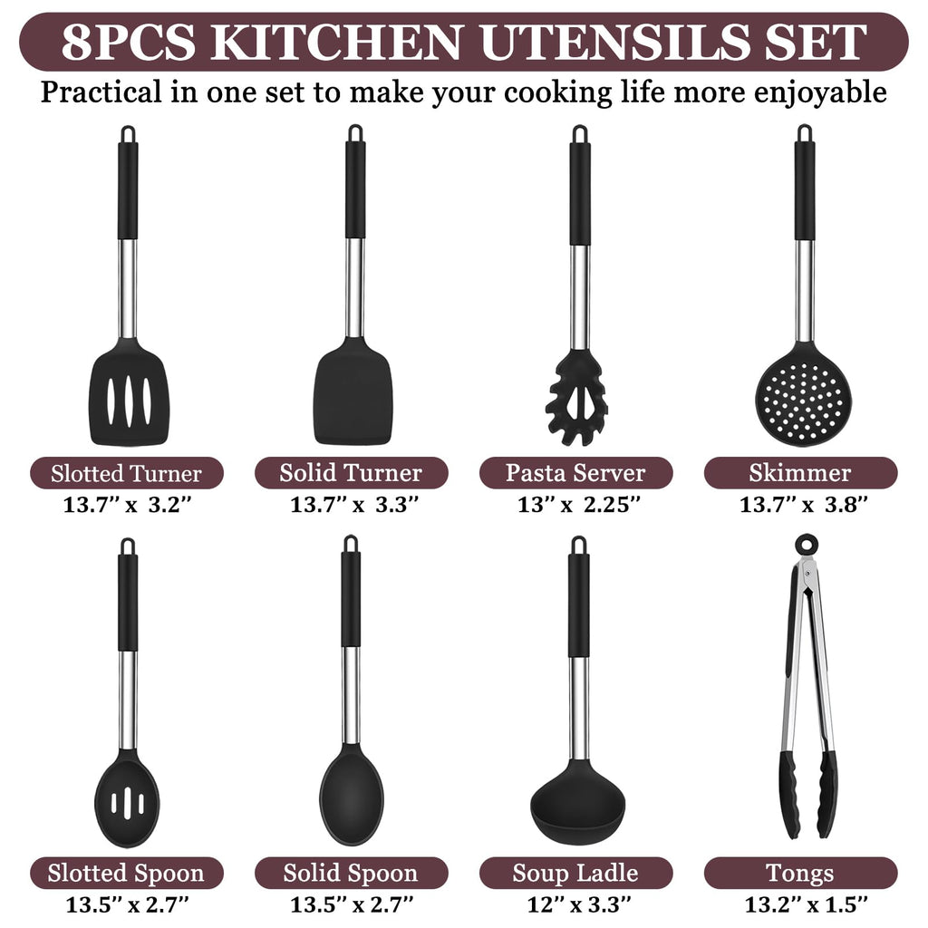 TeamFar Kitchen Utensils Set of 8, Silicone Utensils Kitchen Tools Set with Stainless Steel Handle, for Frying Serving Flipping Draining, Non-Toxic & Heatproof, Nonstick & Dishwasher Safe - Black
