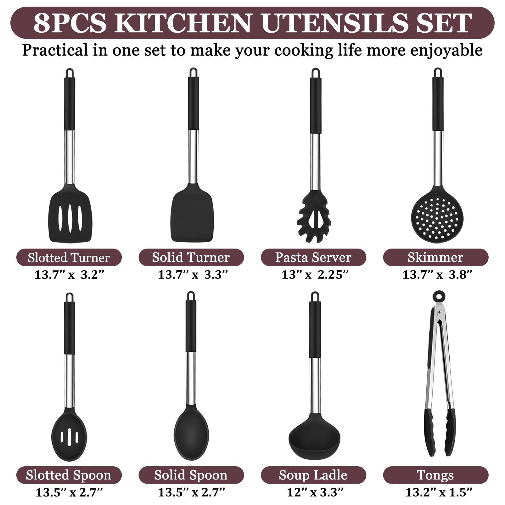 TeamFar Kitchen Utensils Set of 8, Silicone Utensils Kitchen Tools Set with Stainless Steel Handle, for Frying Serving Flipping Draining, Non-Toxic & Heatproof, Nonstick & Dishwasher Safe - Black