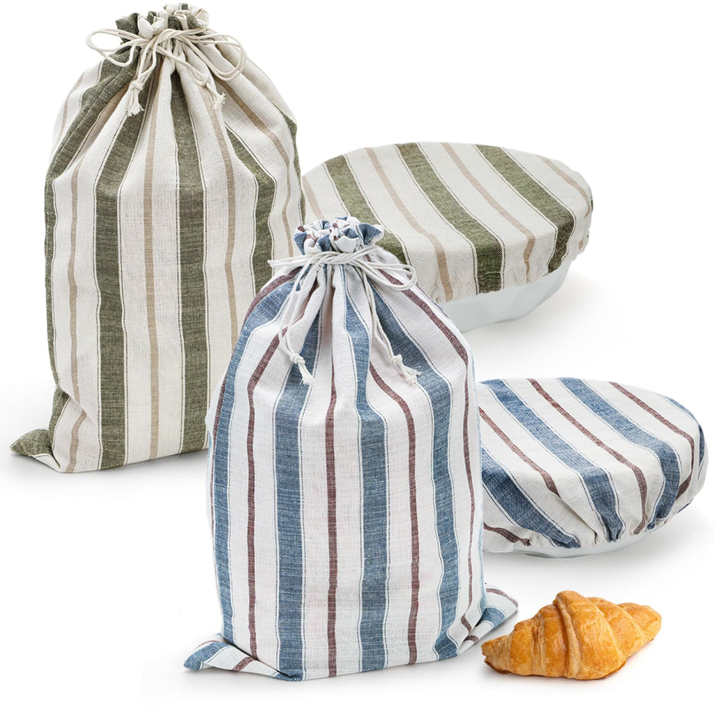 Elsjoy Set of 2 Linen Bread Bags with Bowl Covers, 18 x 12 Inch Reusable Linen Bread Storage Bag for Homemade Bread, Large Sourdough Bag with Plastic Lining for Loaf, Artisan Bread