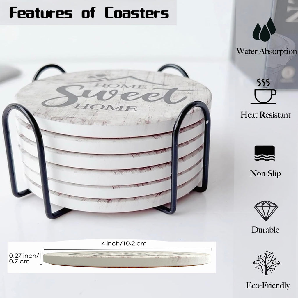 Valdivia 6 Pcs Ceramic Drink Coasters with Blessing Verses, White Marble Style Absorbent Stone Cork Base - 4 Inches Coasters & Metal Holder for Coffee Table, Home Decor Housewarming Gifts