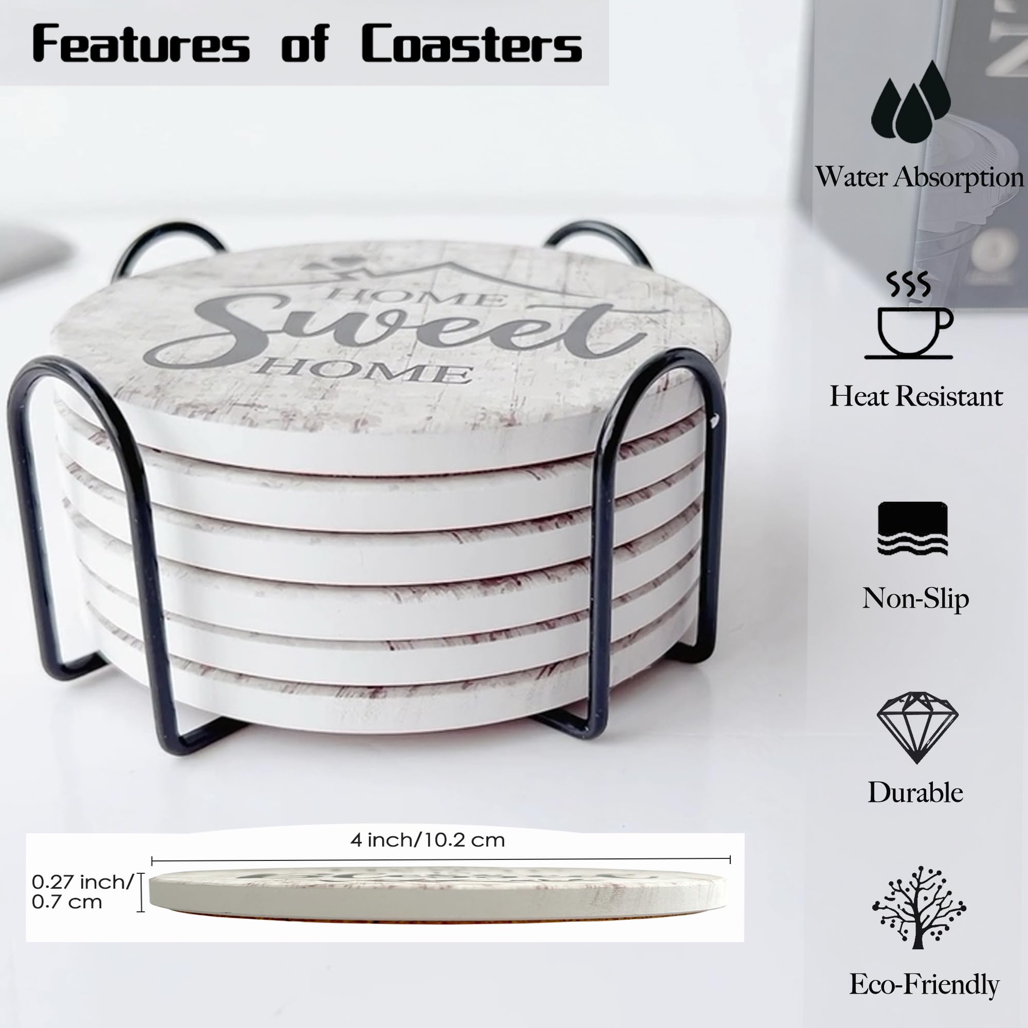 Valdivia 6 Pcs Ceramic Drink Coasters with Blessing Verses, White Marble Style Absorbent Stone Cork Base - 4 Inches Coasters & Metal Holder for Coffee Table, Home Decor Housewarming Gifts