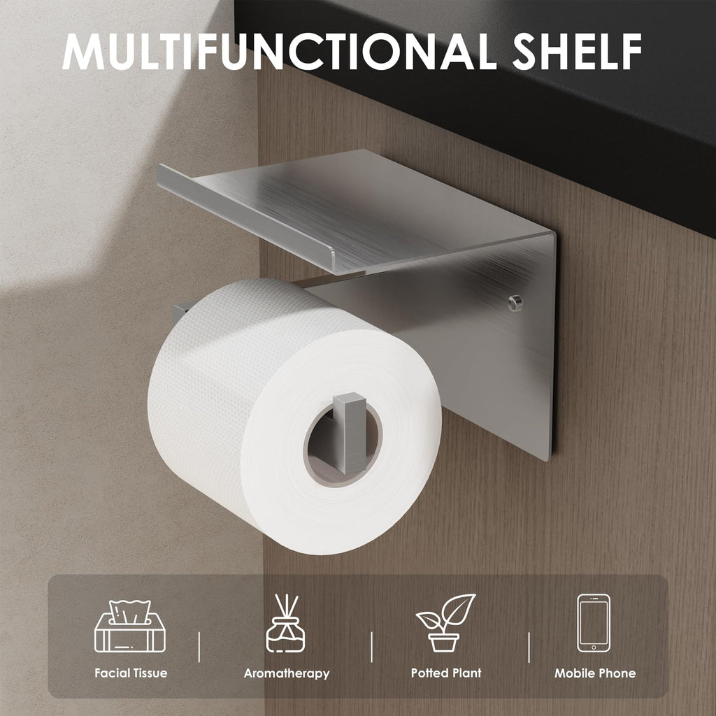 Auxmir Toilet Paper Holder with Shelf, SUS304 Stainless Steel Toilet Paper Roll Holder, Self Adhesive or Screw in Wall Mounted Toilet Tissue Holder for Bathroom Kitchen Washroom RV, Brushed Nickel