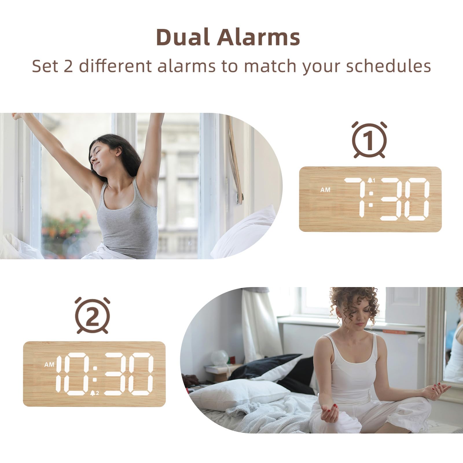 Wooden Digital Alarm Clocks for Bedrooms: Dimmable Dual Alarm Clock with Large Numbers for Bedside Desk - Bamboo